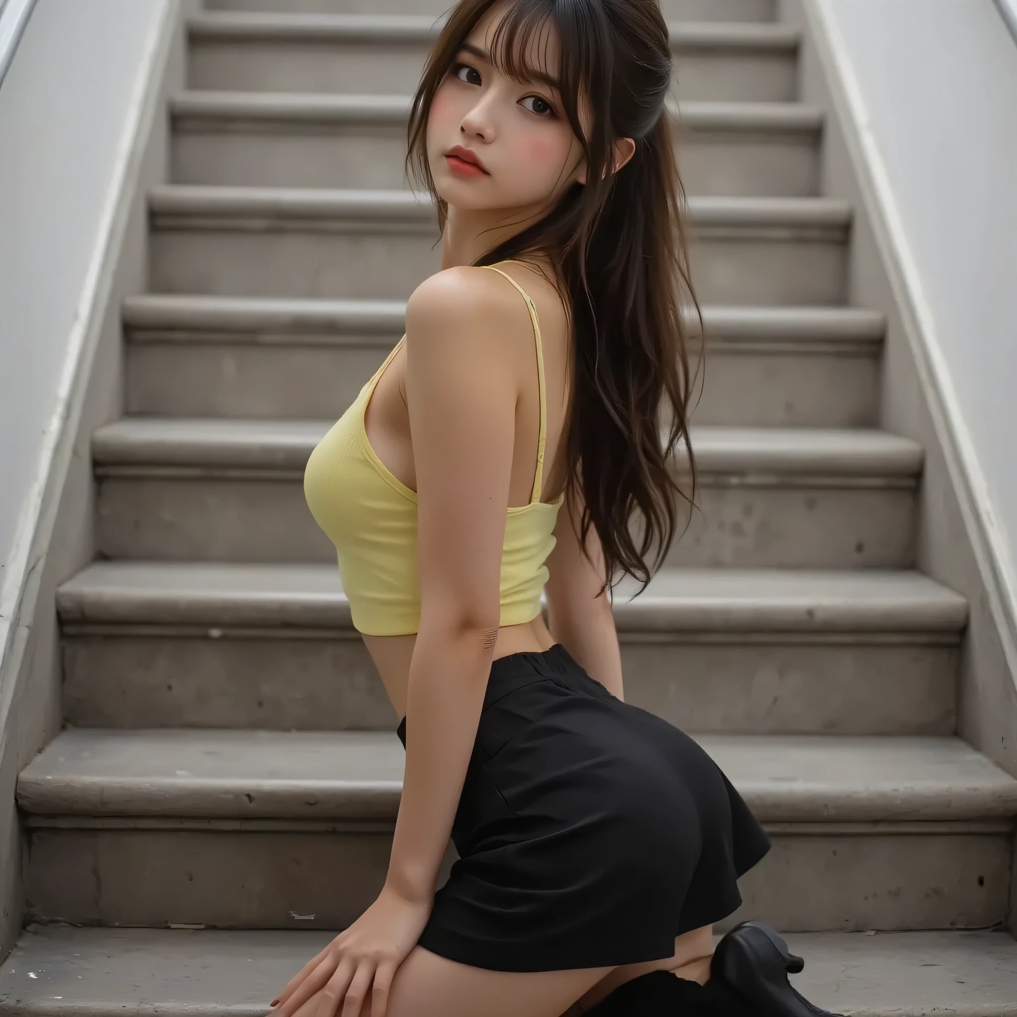 Korean very Skinny 18 years old girl with big long hair tail hairstyle brunette with cute beautiful face is posing in stairs with sexy mini skirt black and nice lemon green top, we can see her legs in long socks knees , she is posing very sexy. also we can see her underwear under the skirt