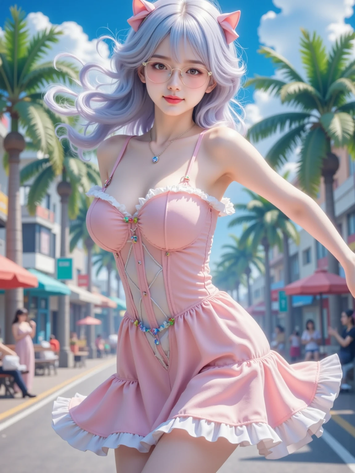 （8K，tmasterpiece，top Quority，realisticlying），（Hyper-detailing，artwork of a，Ultra-clear，Whole body diagram），（serious：1.1），（（Long pink wavy hair）：1.3，beatiful detailed eyes，Perfect proportions，eyes with brightness，Light makeup，choker necklace，ear jewelry，Pink and moist lips），1. Sexy teenage，Hilltop Villa，Beautiful starry sky，Lake water，magical little girl，White dress with white high-heeled boots，Pink magic wand magic wand，Brilliant streamers，Magic Array，Elegant and beautiful hairpins，Pink wavy curls，gigantic cleavage breasts，Fitness buttocks，Slender beautiful legs，Stretch meat，Fair and moisturized skin，（The atmosphere is ambiguous，misty background，a fairy world：1.2）