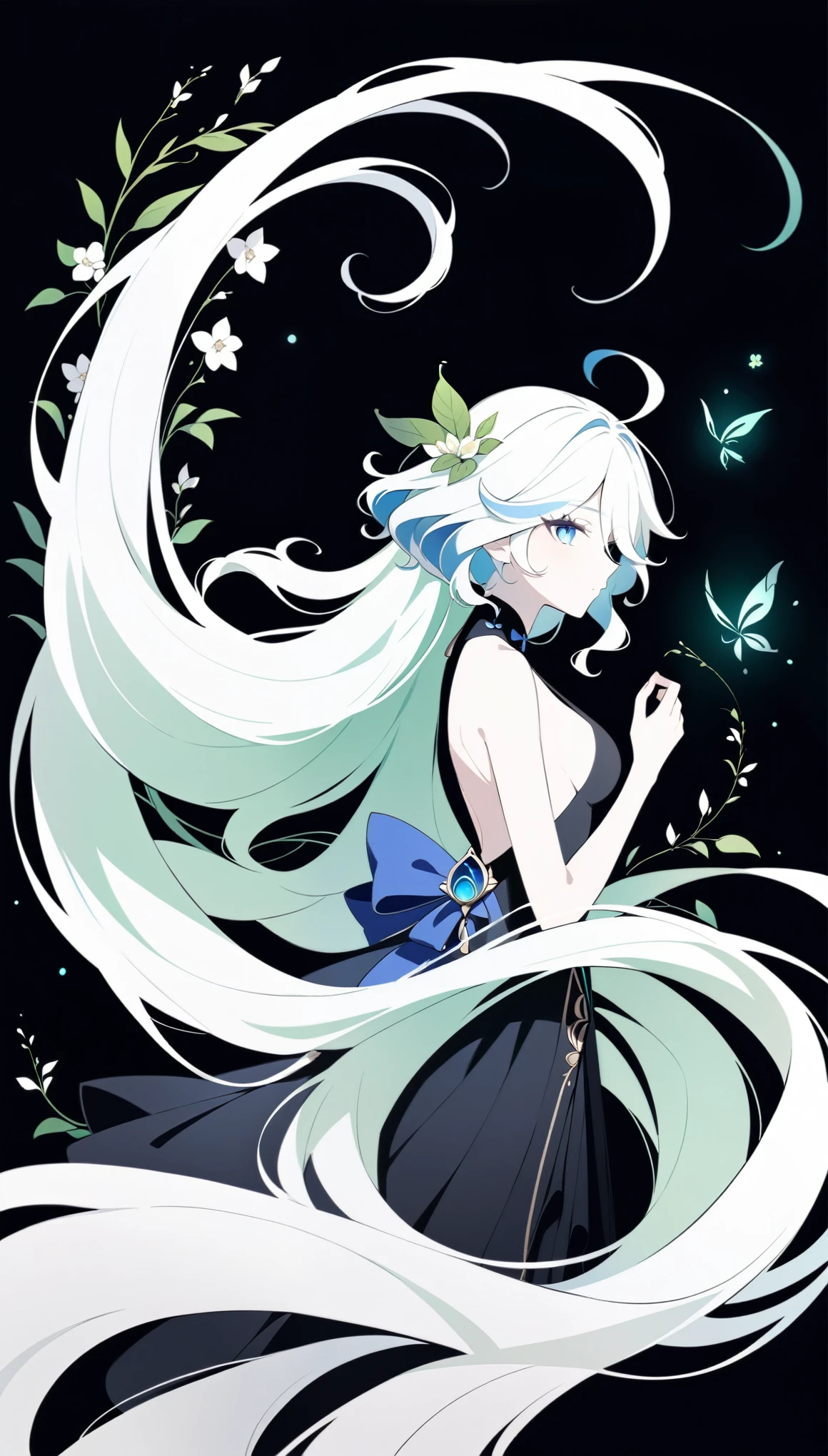 (Anime line drawing:1.5), (inverted colors:1.4), (negative space:1.6), minimalist, dark background, bright glowing lines. Furina from Genshin Impact, serene expression, graceful mask, flowing hair. Surround her with delicate glowing flowers, vines, and leaves. Add feng shui Wood element: emerald green light, soft jade accents, organic curves, tree rings, and blooming energy. Elegant, harmonious, high contrast, spiritual and nature-inspired.
