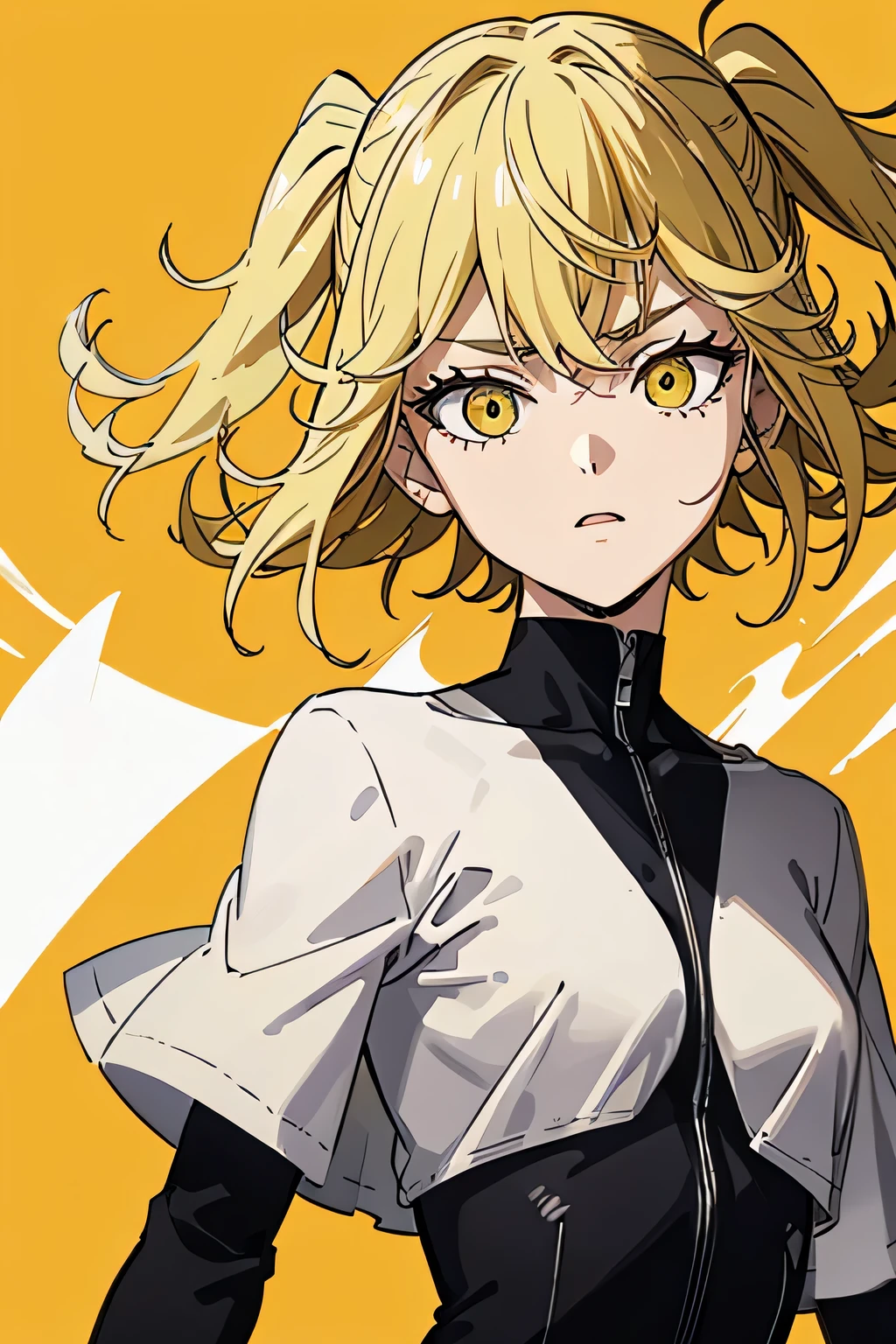 18 year old woman , tiny body, yellow hair with red bleaching, red right eyeball, blue left eyeball, wearing a yellow women's war outfit, wearing a white skirt, tiny, strong , front facing , HD, Half body , an Anti-Hero