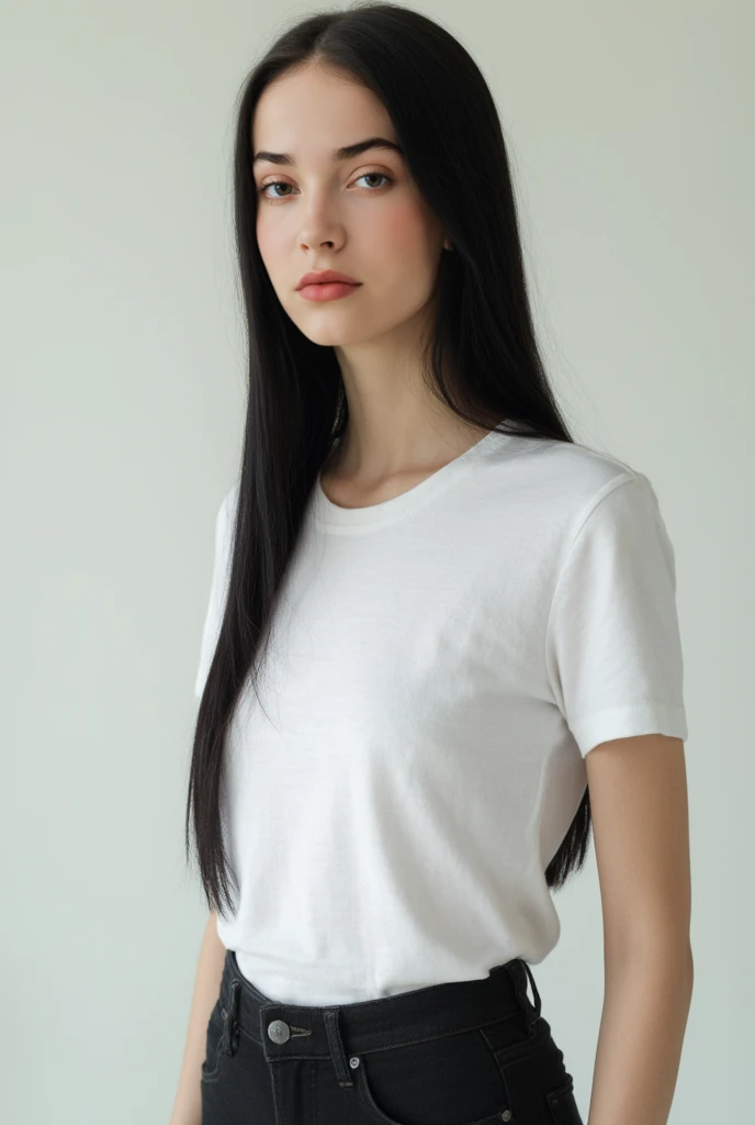 young lady with long straight black hair and full lips wearing white t-shirt