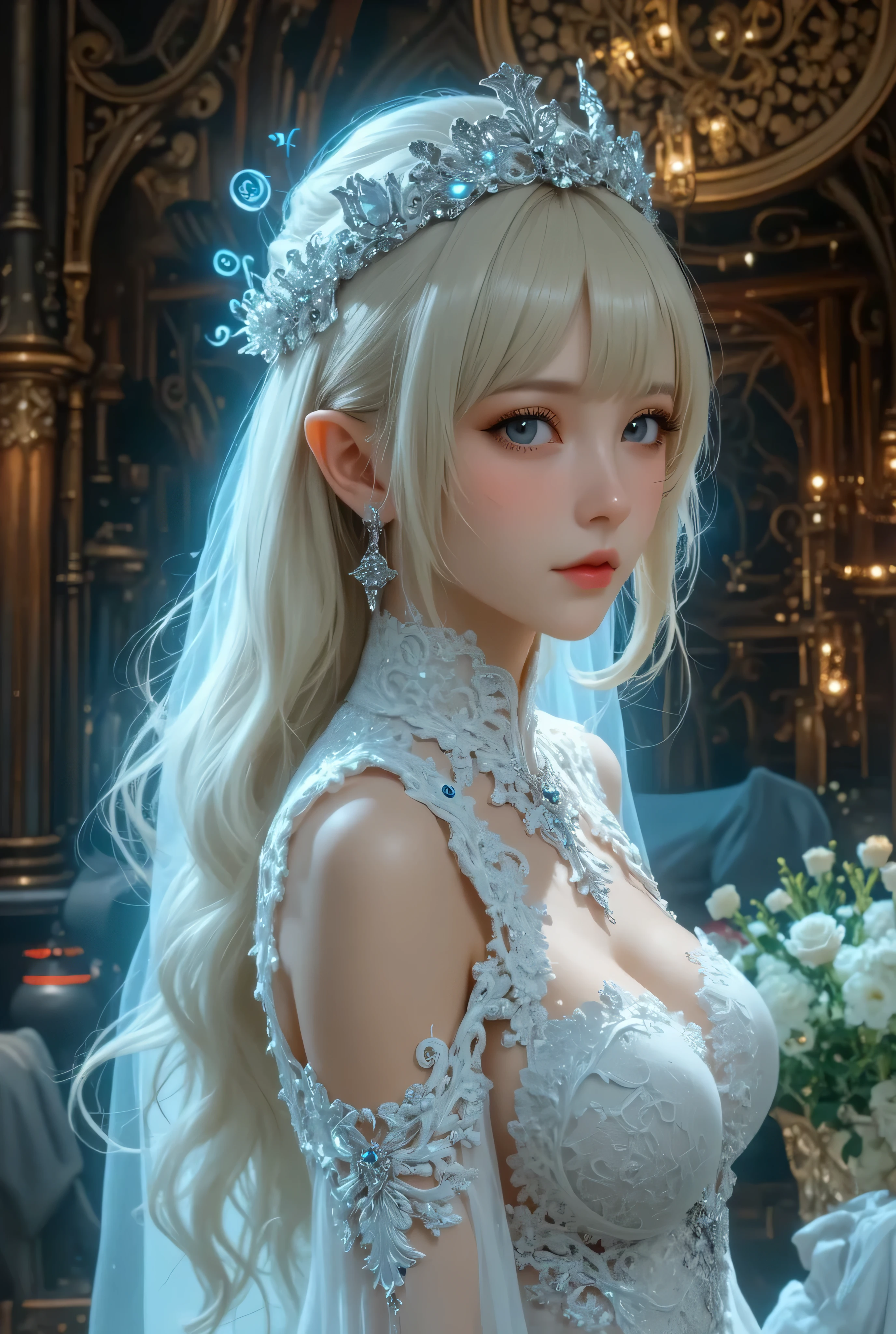 best quality , Super quality, 16k, Unbelievably Absurd, very detailed, lovely photo, delicate and dynamic, Kiri Reina female, sexy fog girl, seductive smile, pure white wedding dress , great style , bouquet, steampunk, DIESEL PUNK , clock punk , cyberpunk, Glitter effect, shining jewelry,blue magic lights at dress, 1girl,fog, purple lights