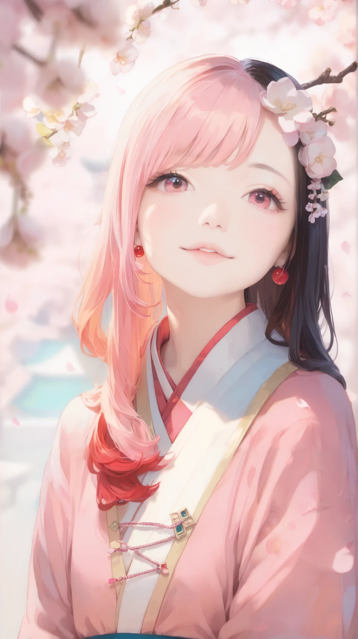 Goddess of Cherry Blossoms , beautiful dark hair, bungs, Cherry-colored eyes, masterpiece, best quality, very detailed, (((Real Face:1.5, fantastic beauty))), Beautiful like a goddess, one girl, alone, Cherry-colored hair, light pink tunic, high resolution, realistic, 超high resolution , Beautiful Weeping Cherry Blossoms、Cherry blossom background、 light pink background