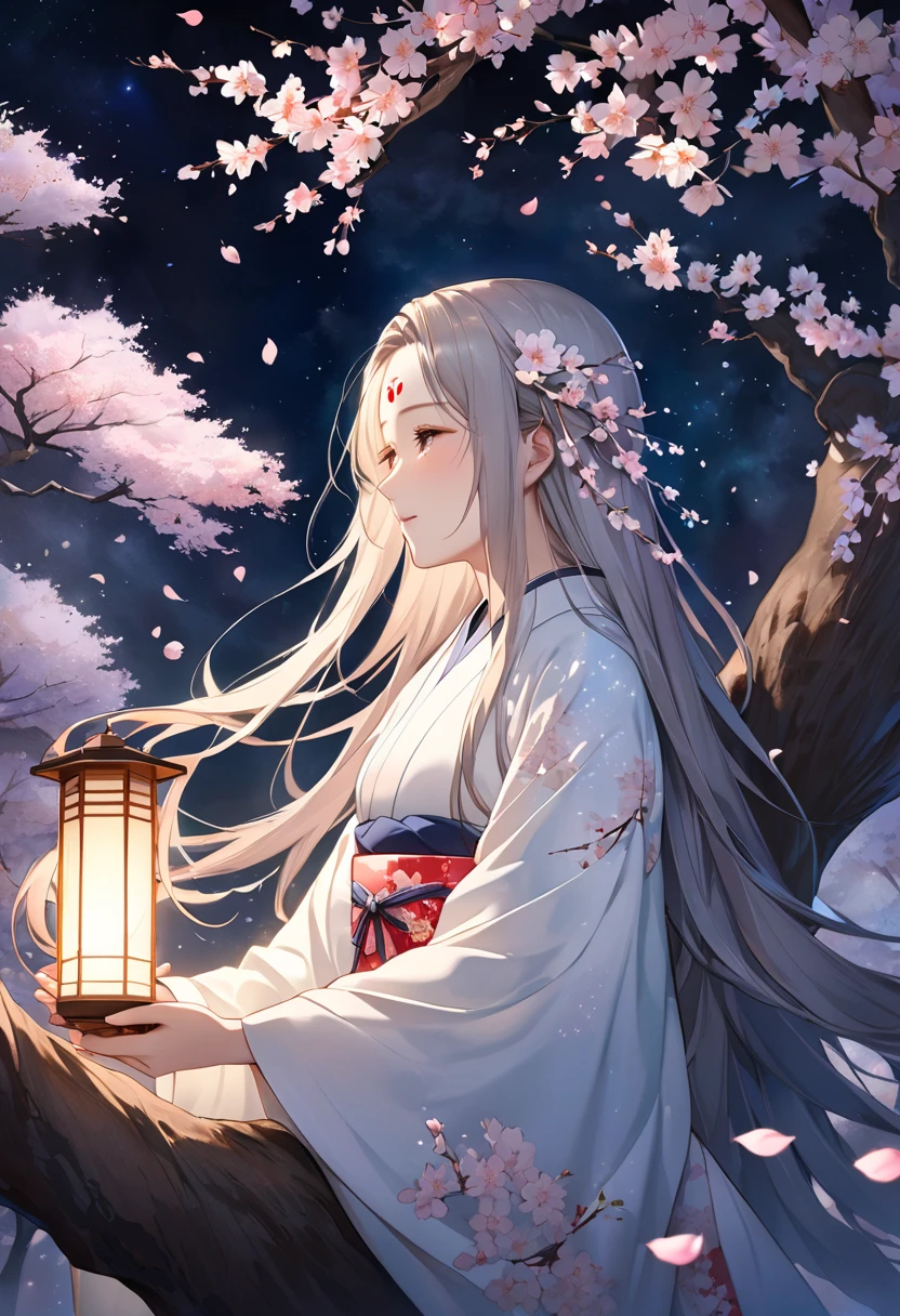 A pale watercolor painting depicting a super huge weeping cherry tree that emits a suspicious light on a moonlit night and a bewitching celestial maiden in a kimono who snuggles up and talks to the trunk of the ancient tree, A fantastic moment when an ancient tree of weeping cherry trees planted on dead earth bloomed for the first time in tens of thousands of years, Mysterious scene where the petals shining in response to the suspicious light of ancient trees are scattered as a blizzard, Fantastic watercolor painting depicting the scene of a celestial maiden who shares energy to ancient trees on a moonlit night with a broad composition from a bird's-eye view, A celestial maiden's coat and long hair flutter dynamically in the wind, A collaboration between the power of ancient trees and the gentle light of a moonlit night falling on a celestial maiden, A gentle and gentle celestial maiden wrapped in fluttering cherry blossoms and moonlight, The expression of a celestial maiden with attention to detail, Emphasize the floating and dynamic feeling of a clear coat in slow motion, forehead mark, close-up, from side, UHD, retina, masterpiece, accurate, textured skin, super detail, high details, high quality, highres, best quality, 16k