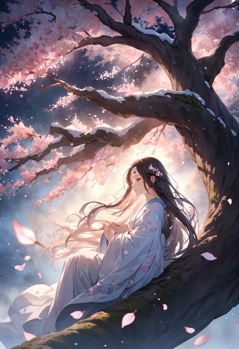 A pale watercolor painting depicting a super huge weeping cherry tree that emits a suspicious light on a moonlit night and a bewitching celestial maiden in a kimono who snuggles up and talks to the trunk of the ancient tree, A fantastic moment when an ancient tree of weeping cherry trees planted on dead earth bloomed for the first time in tens of thousands of years, Mysterious scene where the petals shining in response to the suspicious light of ancient trees are scattered as a blizzard, Fantastic watercolor painting depicting the scene of a celestial maiden who shares energy to ancient trees on a moonlit night with a broad composition from a bird's-eye view, A celestial maiden's coat and long hair flutter dynamically in the wind, A collaboration between the power of ancient trees and the gentle light of a moonlit night falling on a celestial maiden, A gentle and gentle celestial maiden wrapped in fluttering cherry blossoms and moonlight, The expression of a celestial maiden with attention to detail, Emphasize the floating and dynamic feeling of a clear coat in slow motion, forehead mark, close-up, from side, UHD, retina, masterpiece, accurate, textured skin, super detail, high details, high quality, highres, best quality, 16k