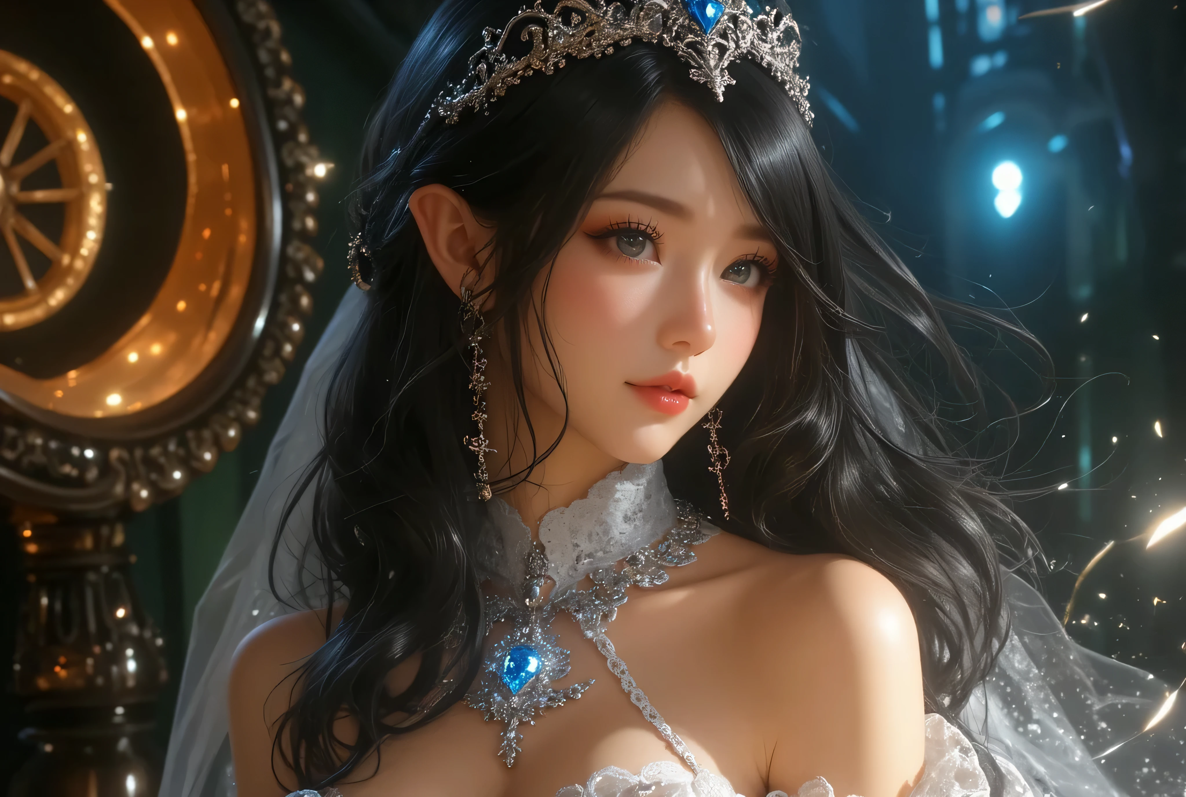 Game Art，Best image quality，Maximum resolution，8K，(A bust photo)，(portrait)，(Head close-up)，(Rule of Thirds)，Unreal Engine 5 rendering works，20 year old girl，((Queen))，The eyes are very detailed，(Large Breasts)，Elegance and nobility，Light，Light线追踪，Game CG，((3D Unreal Engine))，OC rendering reflection mode，4K，Ultra-clear，Sensual，Translucent lace，Fair and plump figure，Pretty Face，Light泽凝胶涂层，身着华贵礼服的Queen，Crystal Gem Crown，Necklace jewelry，blue eyes，The tattoo is very three-dimensional，Gorgeous and intricate tattoo designs，Ultra-clear portrait，Sexy body，Temple Princess，Sapphire eyes，Fine gold and diamond jewellery，Luxurious jewelry，Wearing diamond gemstone jewelry，Gorgeous jewelry all over the body，Pearl Necklace，Diamond Dress，Super beautiful model，