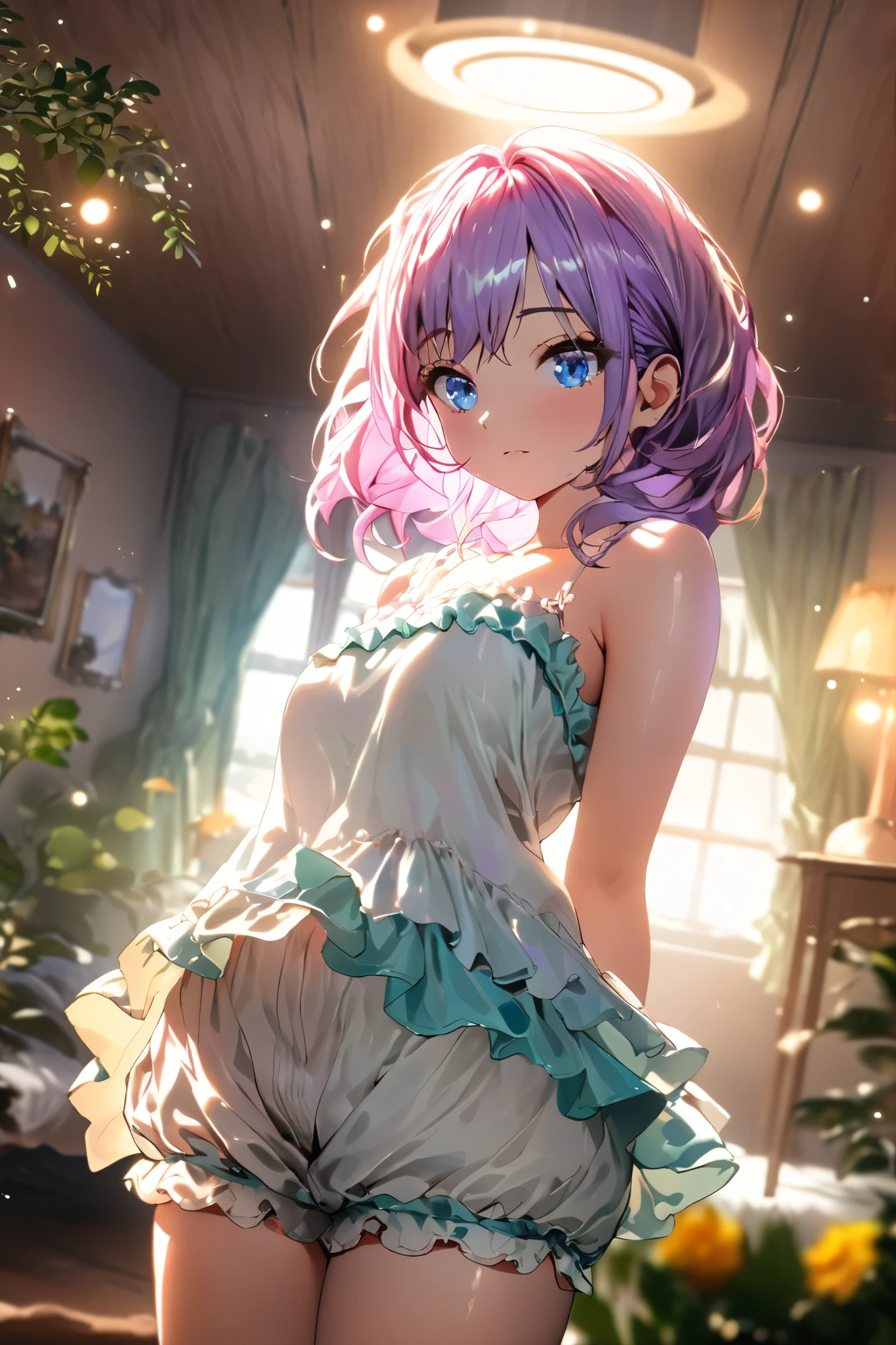 Cute girl in bunny girl lingerie towa nuisette purple short hair, light green eyes,