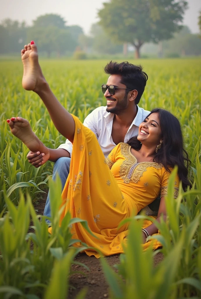 Cute indian boy is the girl front chest of a 16 year indian old girl from both wearing sunglasses, are playfully in a plants fiel paddy plants. The women, dressed in a vibrant yellow dress with intricate patterns, is lying on the man's lap while joyfully kicking one leg in the air, the wearing a white shirt and casually cuffed jeans, is smilling down at her as she holds her leg. The background reveals an expamsive field under plants fields, 34k ultra quality hd image fully sexy