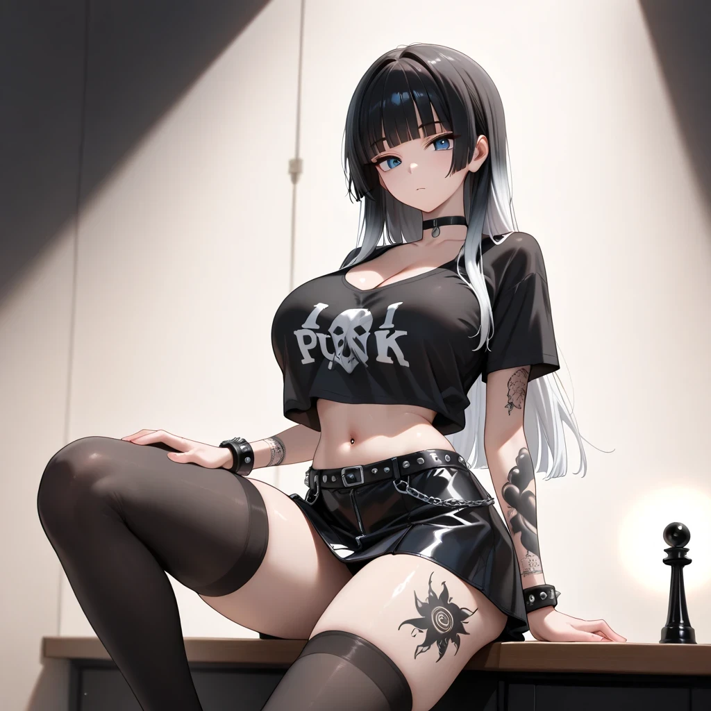 slender body,  Slim waist, Her long limbs are like a model , hand on own ass, (black black white hair gradient hair), top quality、 ( professional lighting without shadows )、 Surreal, is fascinating、figure like a slender supermodel、 1 girl, (big breasts, Belly button exposed), ( flat at honny, beautiful skin)), (明るい and beautiful blue eyes ,(( hime cut, long hair ))), ( black mini tight skirt , black u neck t-shirt, cleavage visible ,(( punk style fashion))) , Knee High Socks, ((tattoo))