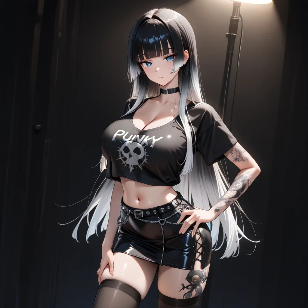 slender body, Slim waist, Her long limbs are like a model , hand on own ass, (black black white hair gradient hair), top quality、 ( professional lighting without shadows )、 Surreal, is fascinating、figure like a slender supermodel、 1 girl, (big breasts, Belly button exposed), ( flat at honny, beautiful skin)), (明るい and beautiful blue eyes ,(( hime cut, long hair ))), ( black mini tight skirt , black u neck t-shirt, cleavage visible ,(( punk style fashion))) , Knee High Socks, ((tattoo))