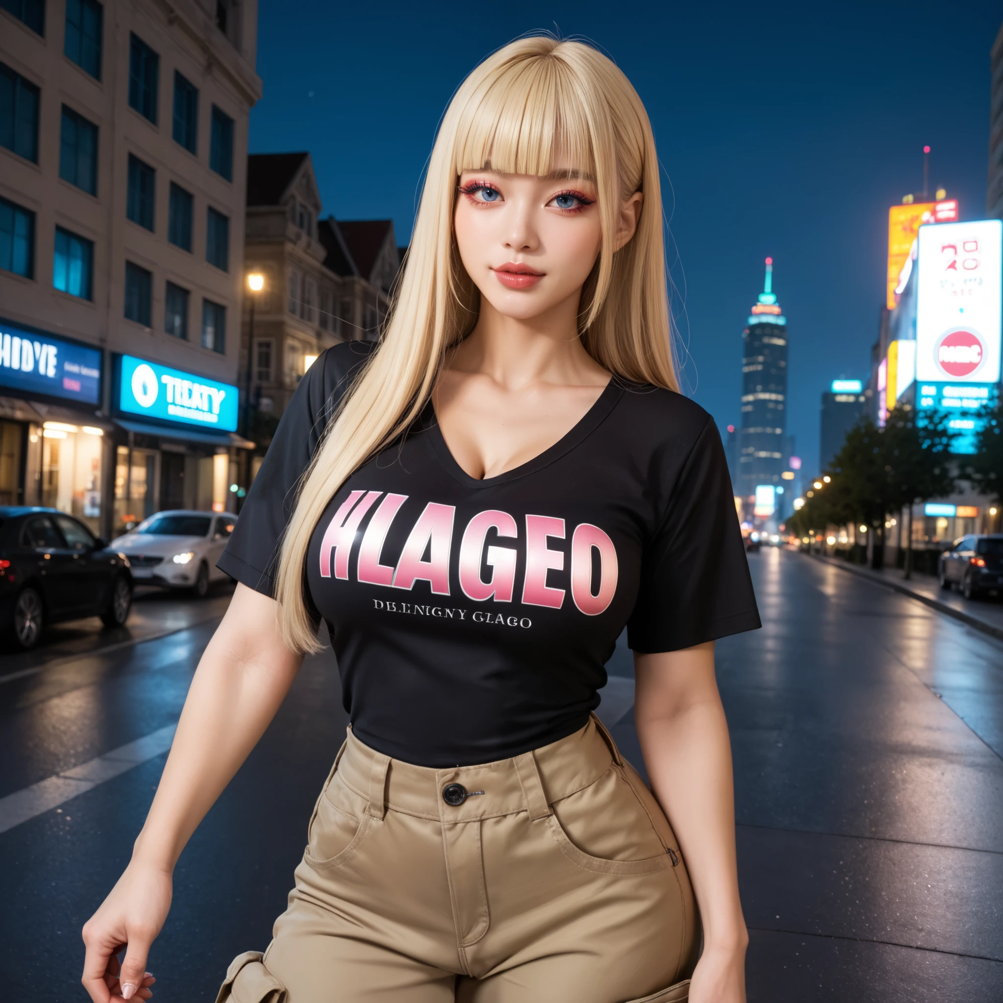 (Extreme Wide Shot:1.5),(dystopian towns:1.3),(Japanese woman),(huge breasts:1.5),(slim body:1.3),(T-shirt:1.2),(dark skin:1.3),(smile:1.3),(heavy makeup:1.3), necklace,Earrings,(blonde hair:1.3),highest quality,(((masterpiece))),8k,(((Photorealistic))),