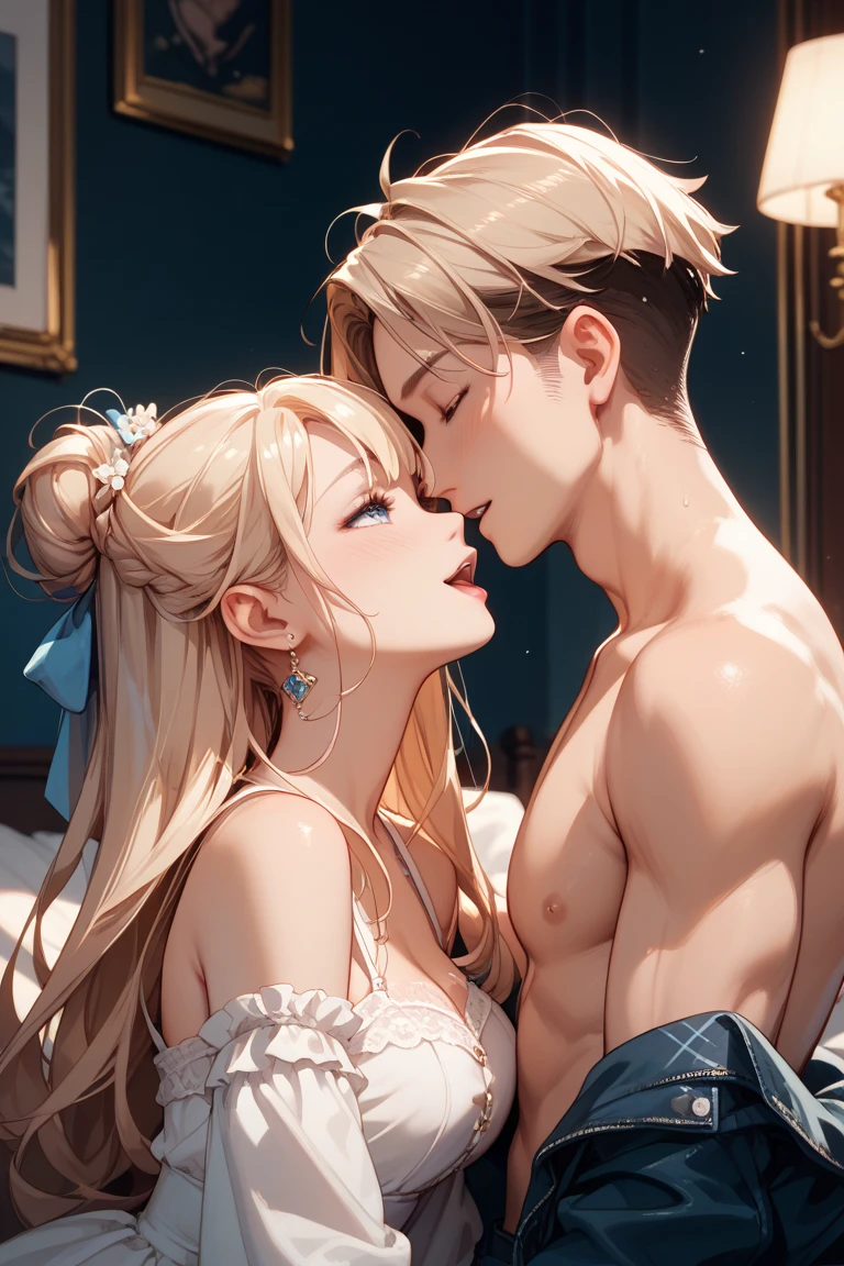 ((best quality)), ((masterpiece)), (detailed), one girl with long blond hair in white bra and white panties kiss one muscle blond guy in suit, view from side on scene, passionate kiss, cozy atmosphere, cozy lighting, standing poses