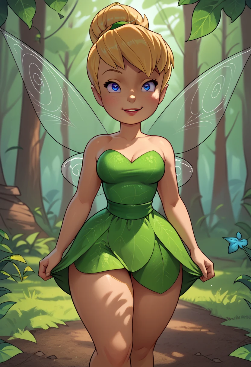 Create a detailed illustration of a small, delicate Tinkerbell. Age 18. (Soft rounded youthful face:1.3). minimal short stylish hair. Flat Chest. (Thin waist:1.3), (thin legs:1.3). with a mischievous yet kind, she's lithe with (thick hips:1.3) bare showing. (open legs:1.3), (wide keyhole:1.3) in a pinup pose, ample cleavage. Her dress is loose fitting. expression in the classic american cartoon style. She has bright, sparkling eyes, short blonde hair styled in a neat bun with a few loose strands. Her wings are translucent and iridescent, resembling those of a dragonfly, with intricate veining and a slight shimmer. She wears a green, leaf-like catsuit that appears to be made of webs, fitting snugly around her small frame. Her footwear is simple, matching her dress. The background is an enchanting forest, filled with soft glowing lights and magical plants, emphasizing her whimsical and enchanting nature. The overall art style should feature bold outlines, vibrant colors, and expressive, exaggerated facial features typical of Disney cartoons. Tinkerbell. Two wings. Top matches bottom. Full body. mischievous smile. Her bright, sparkling eyes and mischievous smile suggest a love for adventure and fun, always ready for a new escapade in the magical forest. Despite her impish demeanor, there's a warmth and kindness in her expression, hinting at a nurturing side that cares deeply for her friends and the natural world around her. Her poised and graceful stance reflects her confidence and elegance, while the twinkle in her eye reveals a hint of magic and wonder, embodying the perfect blend of whimsy and charm. No skirt. Bare skin. Minimal clothing. Not shy. Very mature style. Wings attach to body. 