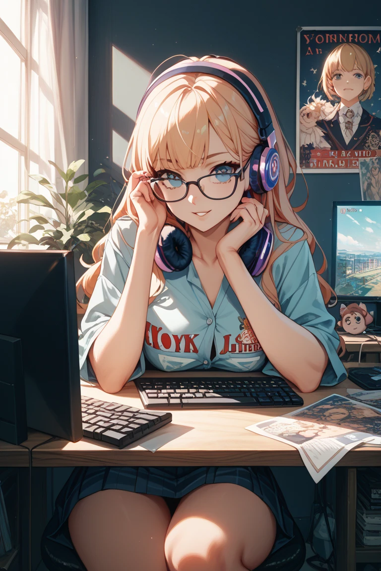 blonde girl with glasses, headphones, sitting in front of a laptop