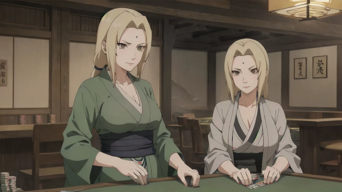 Tsunade Senju, Bela, masterpiece, extremely detaild, best qualityer, best ilumination, best shade, face perfect, shiny brown eyes, blue mark on forehead, wearing a gray kimono with a red belt and a green jacket, 1 girl, big boobies, big-ass, leaning forward looking at the viewer, em konoha,