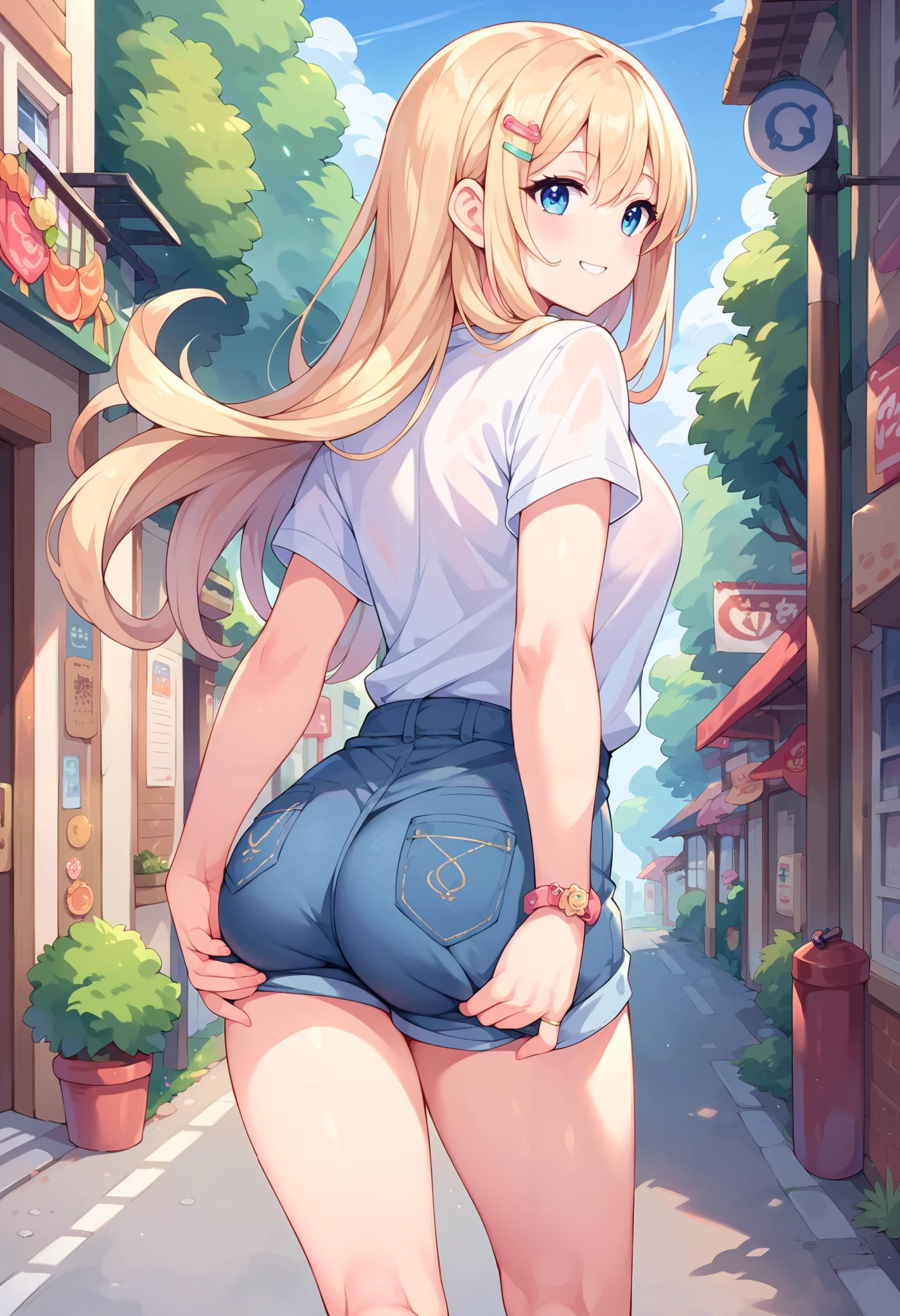 Score_8, Score_9, sharon, long hair ,  blonde hair, Hair clip, smile, cling, 1 girl, Alone, walking on the streets, is,  spread the butt, looks at the spectator, Bow,  rear view  
