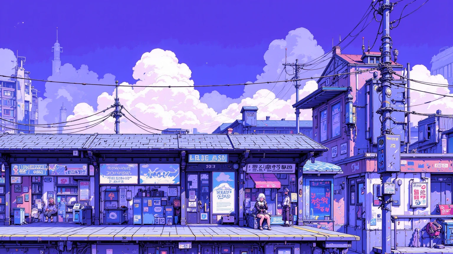 海岸の見える屋外の駅のホームで電車を待つ女子高生の pixel アートのシーン, Station with a view of the sea, unreal ,Cumulonimbus,CMYK palette,  Lofi Girl  ,驚くべき  pixel  アート,  pixel  アニメーションスタイルの街並み,There is a high school girl alone at the platform,A clear summer afternoon, pixel アートのシーン,  pixel  アニメーション静止画アニメ色紙,  pixel  ゲームイラスト  , mamoru hosoda,   90s Game Aesthetics 、  pixel    