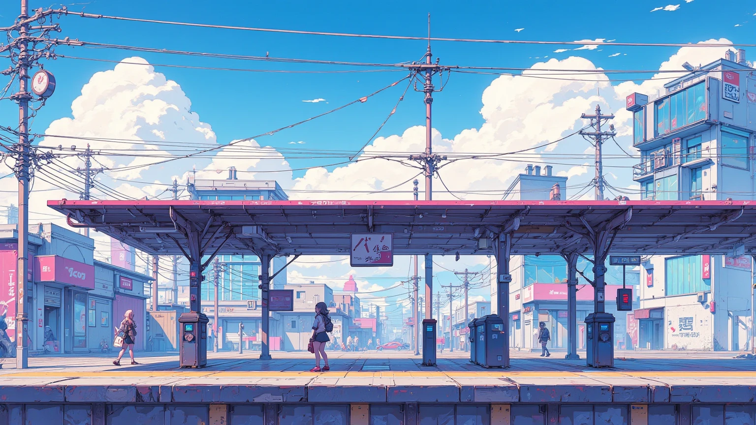 海岸の見える屋外の駅のホームで電車を待つ女子高生の pixel アートのシーン, Station with a view of the sea, unreal ,Cumulonimbus,CMYK palette,  Lofi Girl  ,驚くべき  pixel  アート,  pixel  アニメーションスタイルの街並み,There is a high school girl alone at the platform,A clear summer afternoon, pixel アートのシーン,  pixel  アニメーション静止画アニメ色紙,  pixel  ゲームイラスト  , mamoru hosoda,   90s Game Aesthetics 、  pixel    