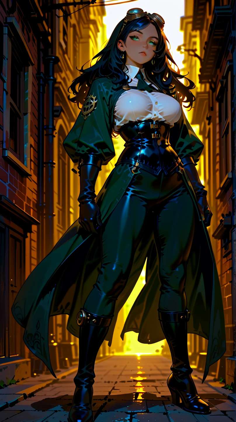 best quality,4k,8k,highres,masterpiece:1.2),ultra-detailed, extremely detailed eyes, extremely detailed body, (large masterpiece digital art), (detailed manga illustration), (detailed line art), ((perfect anatomy)), (intricate details:1.3), (ultra-detailed:1.3), (illustration:1.3), (sharp focus:1.3), (natural lighting:1.05), (vivid colors:1.3), (masterpiece), (best quality:1.4), (perfect anatomy:1.4), high quality, expressive eyes, full body, detailed face, beautiful face, perfect face, {1 woman}, elegant clothing, {long black hair}, {{dark skin}}, detailed ((emerald green eyes)), slender but toned physique, large breasts, dynamic lighting, 4k resolution, dynamic pose, confident expression, detailed steampunk-style attire, form-fitting corset, detective outfit, gloves, intricate accessories, steampunk goggles, subtle glow, slight wind effect, background of foggy Victorian streets, mysterious atmosphere, Atey Ghailan, Jeremy Mann, Greg Manchess, Antonio Moro, trend in ArtStation, trend in CGSociety, Intricate, High Detail, Sharp focus, dramatic art by Midjourney and Greg Rutkowski, Marvel Comic style