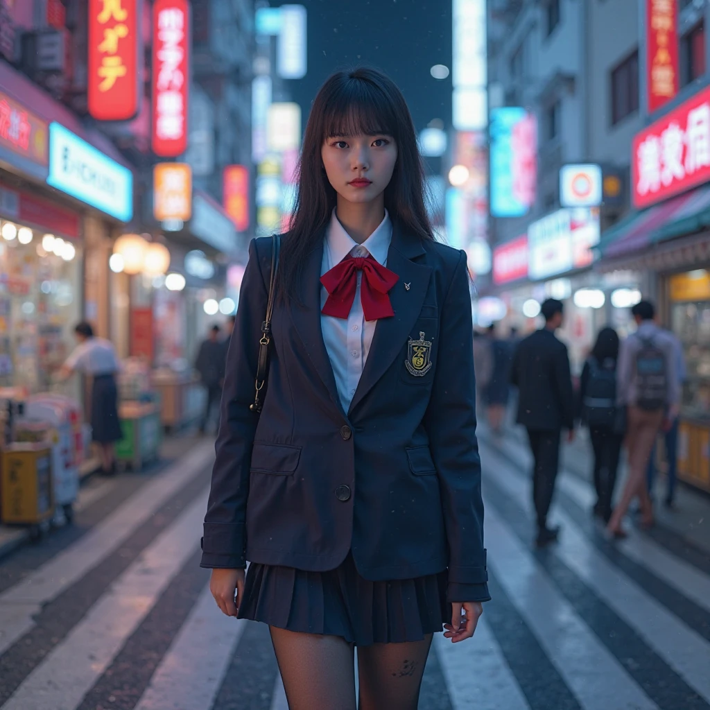 best qualtiy、Realistic Asian woman is attractively staged in the night scenery of Kabukicho。She has dark hair and、The length is characterized by crisp bangs.。She wears platform loafers and knee-high socks and、The goth loli outfit with the ribbon is cute、It complements the atmosphere of the night。Her face is beautiful、The sleepy look in Annuit is attractive。Precisely drawn down to the fingertip details。