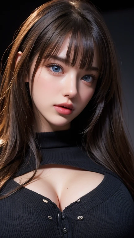 masterpiece, best quality, ultra-detailed, intricately detailed hyperdetailed, realistic, sharp features, highly detailed, sharp focus, perfect face, perfect face, perfect symmetrically perfect eyes, perfect full lips, flexible female form, cinematic, film light, hyper detailed, hyper realistic, high resolution, vibrant, dynamic studio lighting, nsfw, ((Dark background)), Sexy face, Facial expressions when receiving pleasure, straight Bangs, Big breasts, Exposed cleavage, blue Eyes,black sweater, cowboy shot,