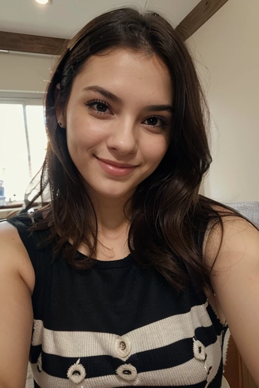 Mujer latina, de pelo largo y negro, de tetas muy grandes, 23 years old, Ella se toma una selfie de su cara, leve sonrisa, escote, ((mano en la cara)).