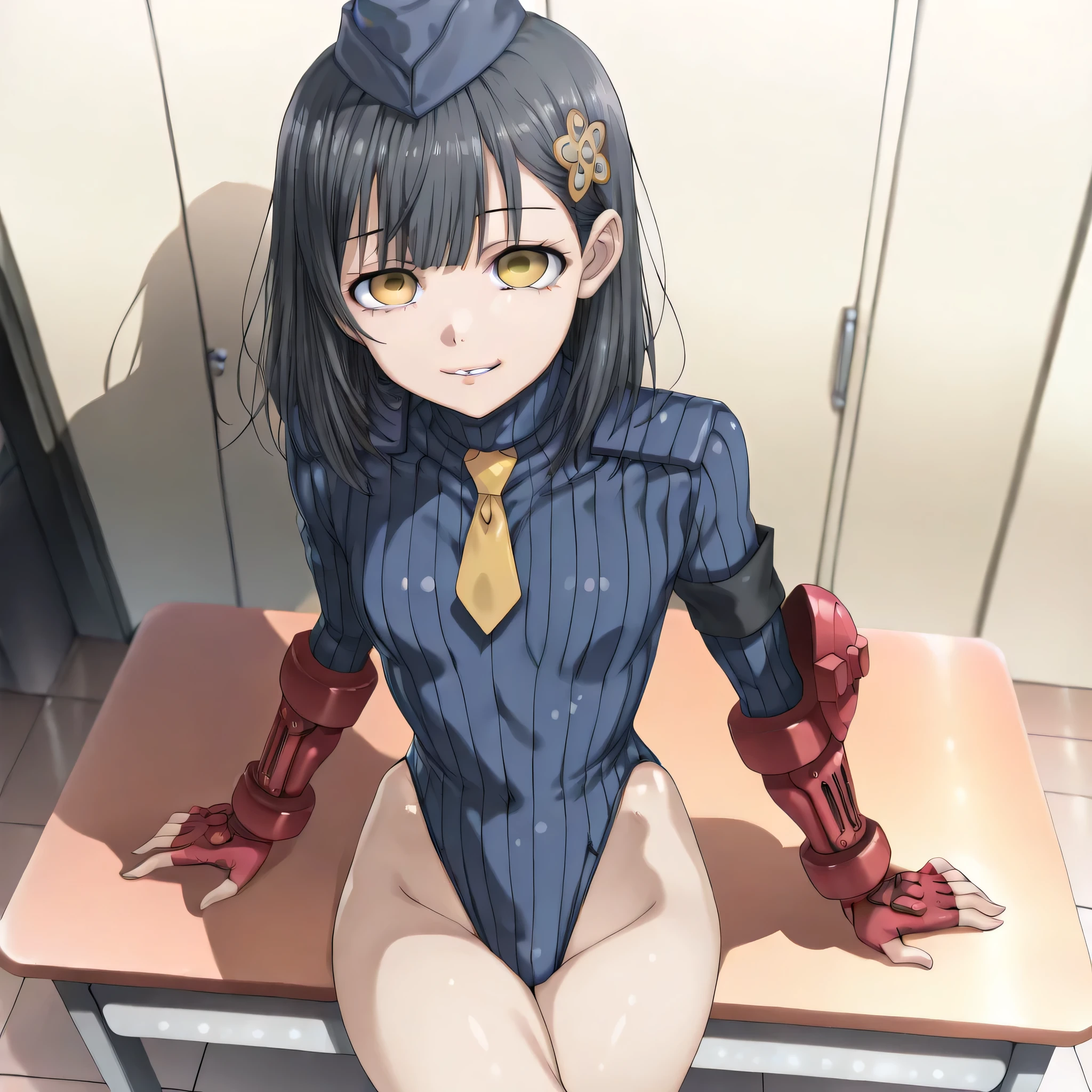 ultra-detailed, Explicit, Beautiful body, Beautiful Nose, Beautiful character design, perfect eyes, perfect face, ultra highres, 4K, beautiful legs, perfect legs, Nice hands, Perfect hand, Masterpiece, Best Quality, Highly detailed, illustration, absurdres, street fighter, doll suit, shadaloo doll, dollsuit, expressionless, blank eyes, looking at viewer, red gloves, emotionless, black latex, corrution, mind control, female combatant, full body, hypnotized, unhappy trance, full body suit, ribbed bodysuit, both arms at side, obey, perfect female body, extremely glossy latex, hypnosis, hypnoLora, empty eyes, Mind control device, poses, submissive_pose, Slave, hat, necktie, stand up straight, standing, standing at attention, hat, necktie, belt, latex, ribbed bodysuit, thighhighs, garter belt, Fighting Stance, extending the right arm from the shoulder into the air with a straightened hand, nazi saluting, military, military saluting, salute, thigh boots, 1girl, Yukihira Itsuka, Deaimon, green hair, amber eyes, long hair