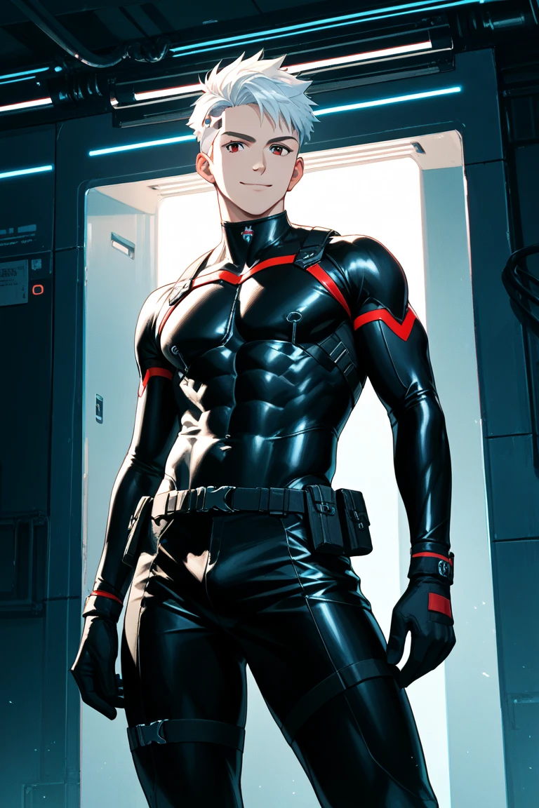 man, tall man, thin man, futuristic clothes, tight suit, red hair, light skin, military suit, big