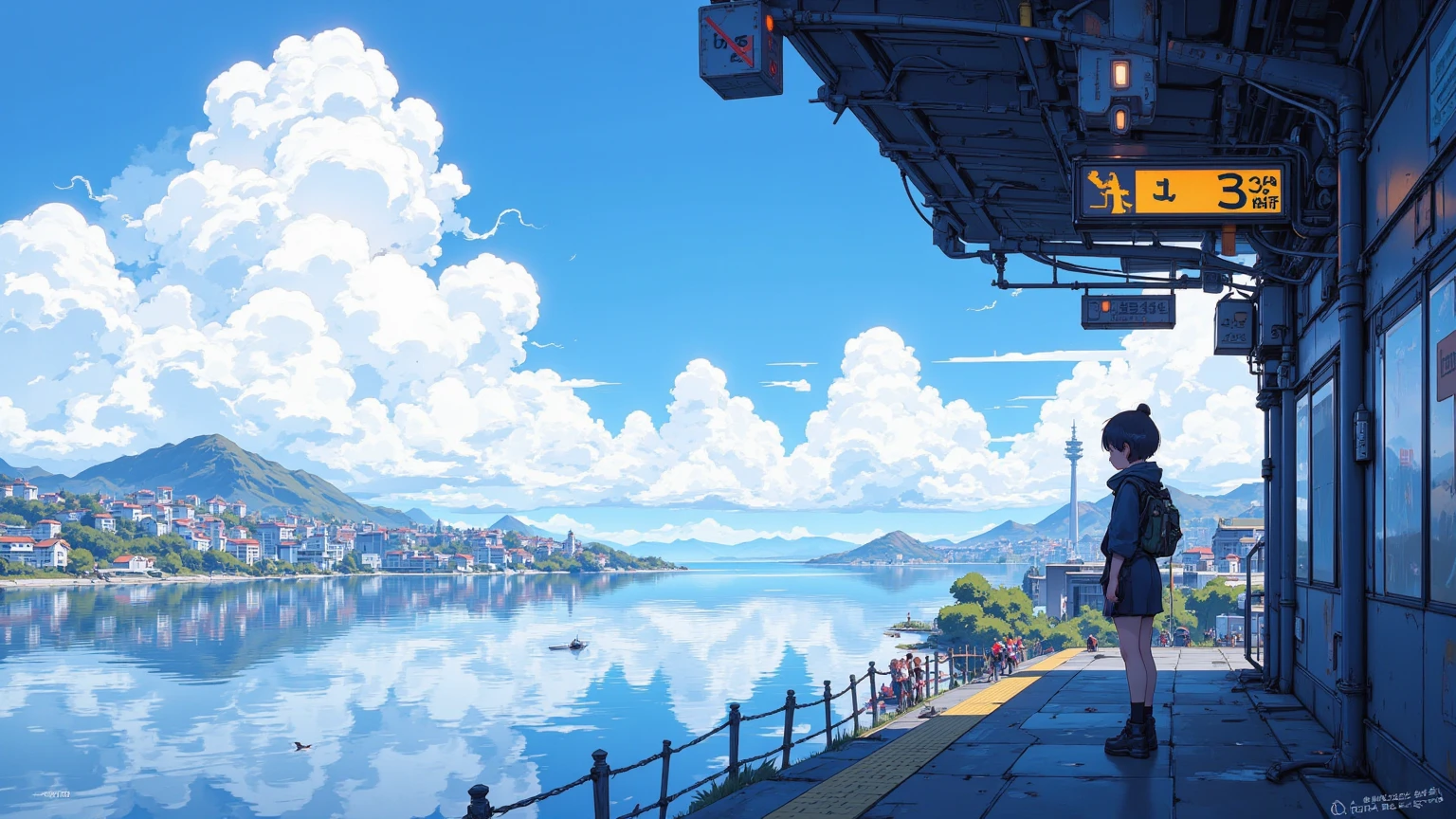 海岸の見える屋外の駅のホームで電車を待つ女子高生の pixel アートのシーン, Station with a view of the sea, unreal ,Cumulonimbus,CMYK palette,  Lofi Girl  ,驚くべき  pixel  アート,  pixel  アニメーションスタイルの街並み,There is a high school girl alone at the platform,A clear summer afternoon, pixel アートのシーン,  pixel  アニメーション静止画アニメ色紙,  pixel  ゲームイラスト  , mamoru hosoda,   90s Game Aesthetics 、  pixel    