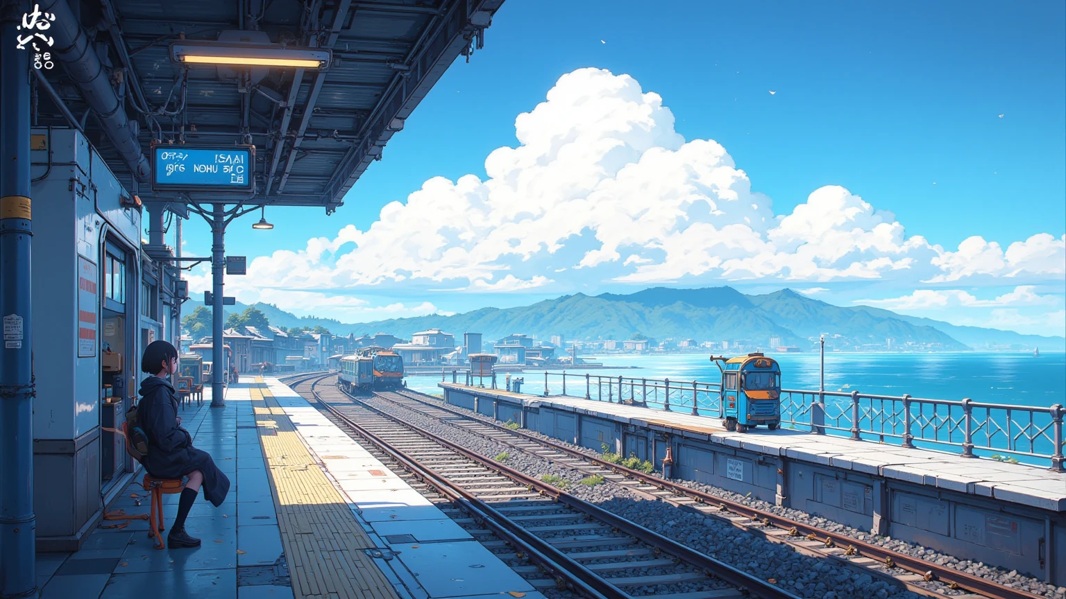 海岸の見える屋外の駅のホームで電車を待つ女子高生の pixel アートのシーン, Station with a view of the sea, unreal ,Cumulonimbus,CMYK palette,  Lofi Girl  ,驚くべき  pixel  アート,  pixel  アニメーションスタイルの街並み,There is a high school girl alone at the platform,A clear summer afternoon, pixel アートのシーン,  pixel  アニメーション静止画アニメ色紙,  pixel  ゲームイラスト  , mamoru hosoda,   90s Game Aesthetics 、  pixel    