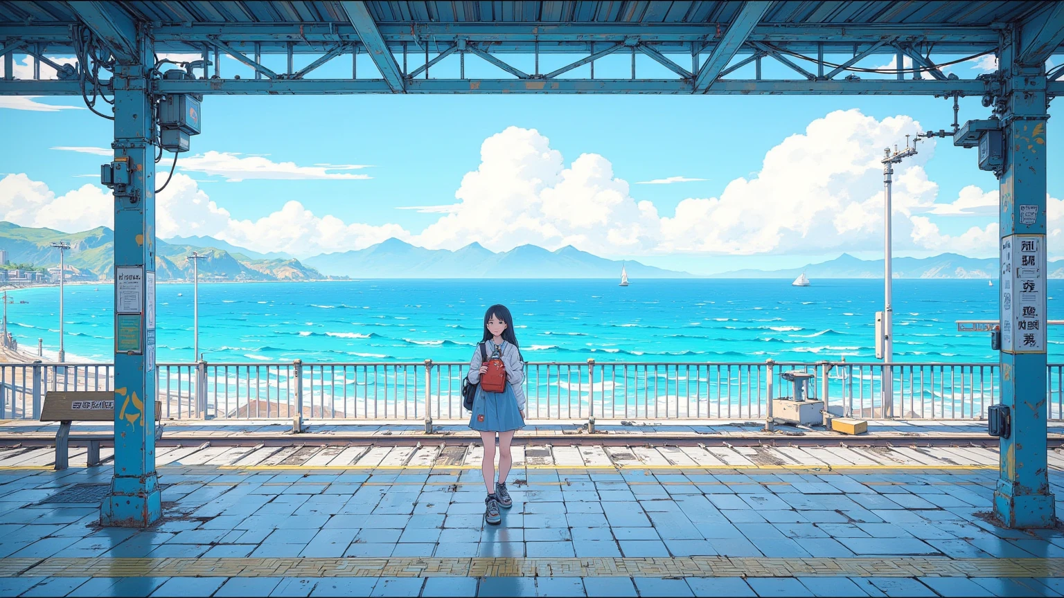 海岸の見える屋外の駅のホームで電車を待つ女子高生の pixel アートのシーン, Station with a view of the sea, unreal ,Cumulonimbus,CMYK palette,  Lofi Girl  ,驚くべき  pixel  アート,  pixel  アニメーションスタイルの街並み,There is a high school girl alone at the platform,A clear summer afternoon, pixel アートのシーン,  pixel  アニメーション静止画アニメ色紙,  pixel  ゲームイラスト  , mamoru hosoda,   90s Game Aesthetics 、  pixel    