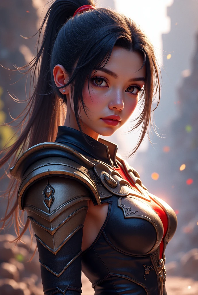 (upper body), (realistic), dramatic lighting, ((masterpiece)),(quality),(highres), long black hair, [evil smile], large breasts, full body, nice butt, prone, lying on blue mushroom, eyeliner, long eyelashes, perfect face, beautiful nose, large eyes, detailed pupil, beautiful eyes, detailed eyes, brown eyes, perfect lips, simple background, gold armor, [hero academia], (zet:1)