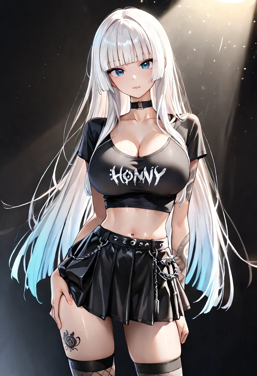slender body, Slim waist, Her long limbs are like a model , hand on own ass, (black White hair, gradient hair), top quality、 ( professional lighting without shadows )、 Surreal, is fascinating、figure like a slender supermodel、 1 girl, (big breasts, Belly button exposed), ( flat at honny, beautiful skin)), (明るい and beautiful blue eyes ,(( hime cut, long hair ))), ( black mini tight skirt , black u neck t-shirt, cleavage visible ,(( punk style fashion))) , Knee High Socks,((tattoo))
