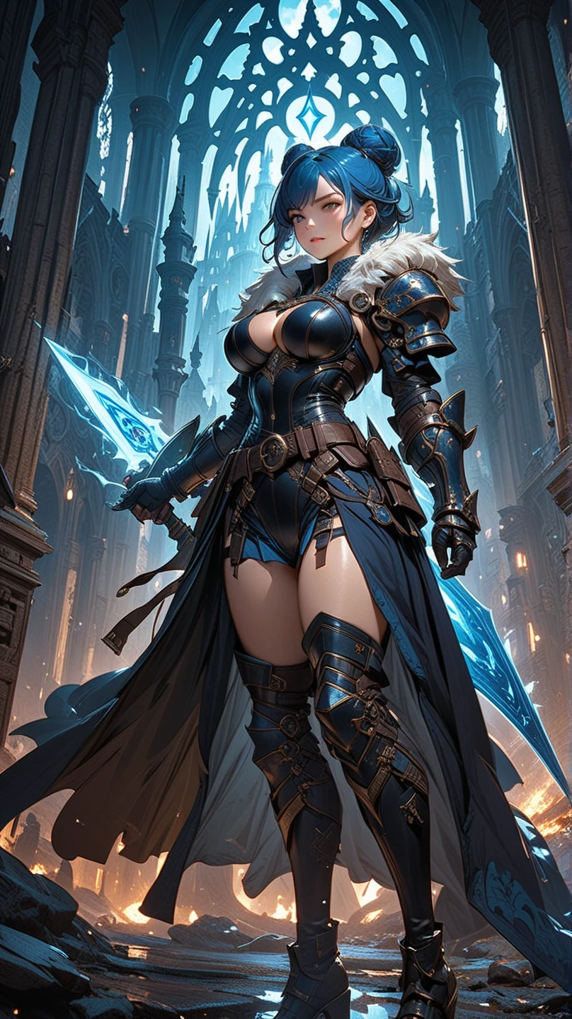 illustration of a resolute female elf with black hair intense blue eyes and a square jaw, running through a dungeon. She wears a striking armor chest plate, contrasting a billowing blue skirt with white lace details. She explores a dark dungeon carrying a mace. Dramatic shadows accentuate her commanding presence. torn dress, damaged armor.
