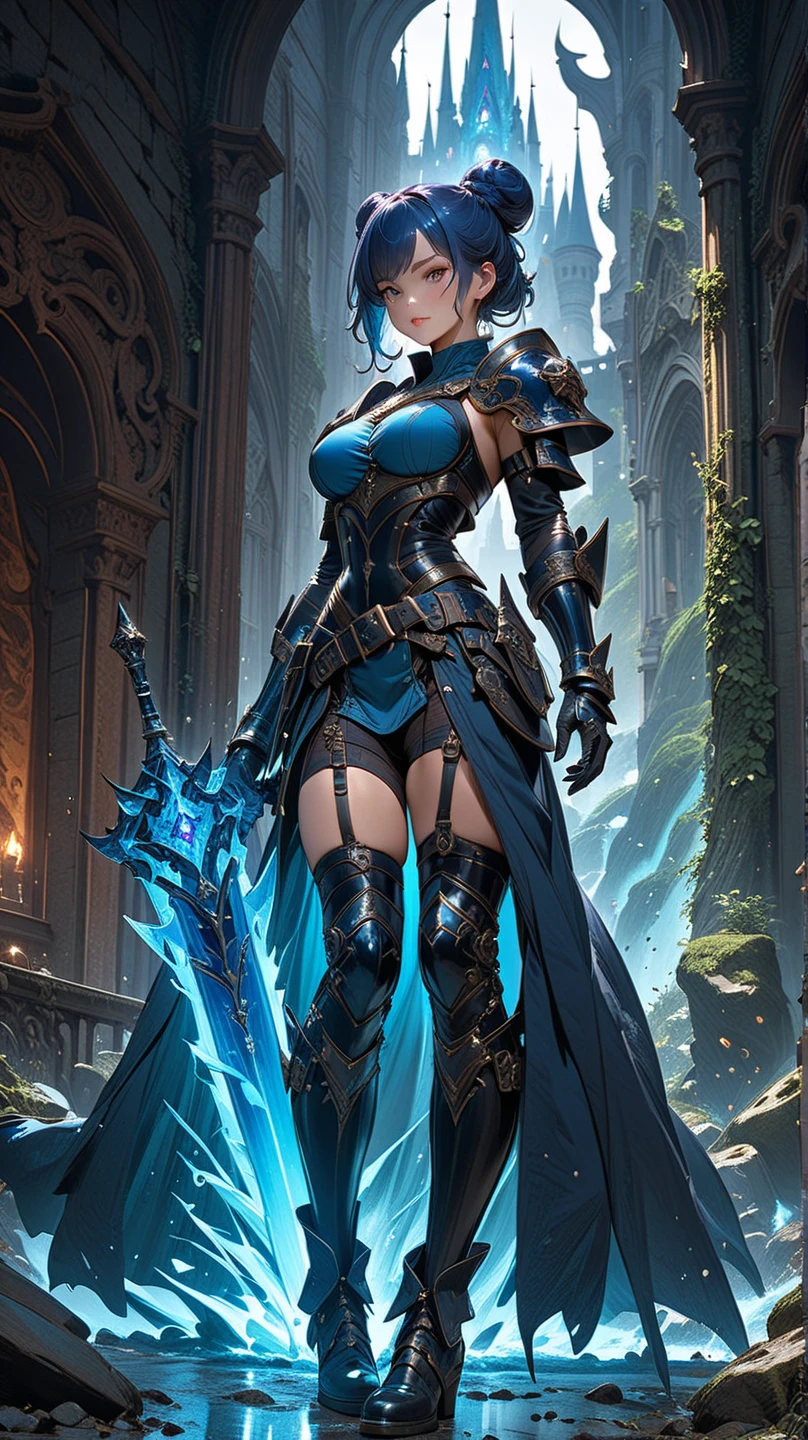 kitbash of Lenneth from 'Valkyrie profile' and 2B from 'Nier: Automata', combine 2B and Lenneth, solo, 1girl, BREAK: ((bright sapphire blue plate mech4rmor)), (boob window:1.27), (blue helmet blindfold:1.32), thigh cutout, long skirt, wings, BREAK: standing contrapposto, holding glowing spear, light smile, BREAK: (deep dungeon interior setting), BREAK: (better hands, best hands), (insanely detailed, masterpiece, best quality), strong_negative, yxwqsj