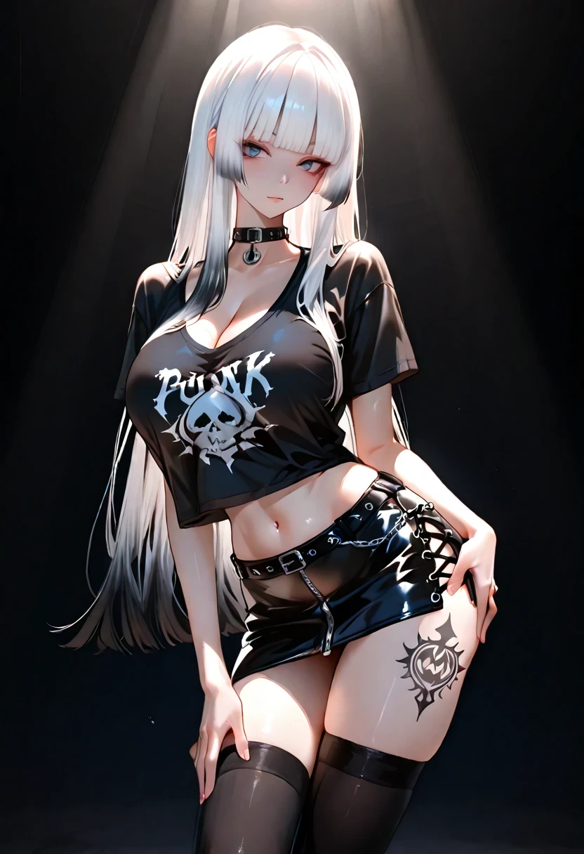 slender body, Slim waist, Her long limbs are like a model , hand on own ass, (black White hair, gradient hair), top quality、 ( professional lighting without shadows )、 Surreal, is fascinating、figure like a slender supermodel、 1 girl, (big breasts, Belly button exposed), ( flat at honny, beautiful skin)), (明るい and beautiful blue eyes ,(( hime cut, long hair ))), ( black mini tight skirt , black u neck t-shirt, cleavage visible ,(( punk style fashion))) , Knee High Socks,((tattoo))