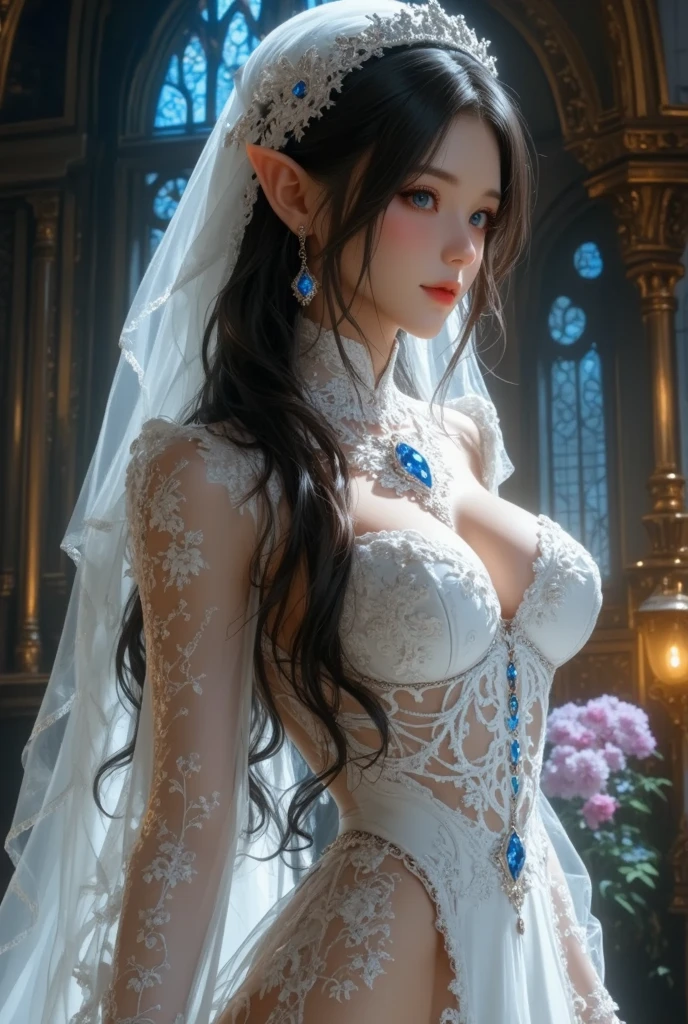 "Depict Perona from One Piece in her Ghost Princess persona, wearing her elegant, ghostly gown with ethereal details and floating ghosts around her, have massive k-cups, in a mystical, haunted mansion with glowing, spectral lights."
