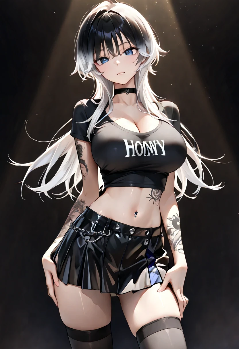 slender body, Slim waist, Her long limbs are like a model , hand on own ass, (black White hair, gradient hair), top quality、 ( professional lighting without shadows )、 Surreal, is fascinating、figure like a slender supermodel、 1 girl, (big breasts, Belly button exposed), ( flat at honny, beautiful skin)), (明るい and beautiful blue eyes ,((Wolf cut, long hair))), ( black mini tight skirt , black u neck t-shirt, cleavage visible ,(( punk style fashion))) , Knee High Socks,((tattoo))