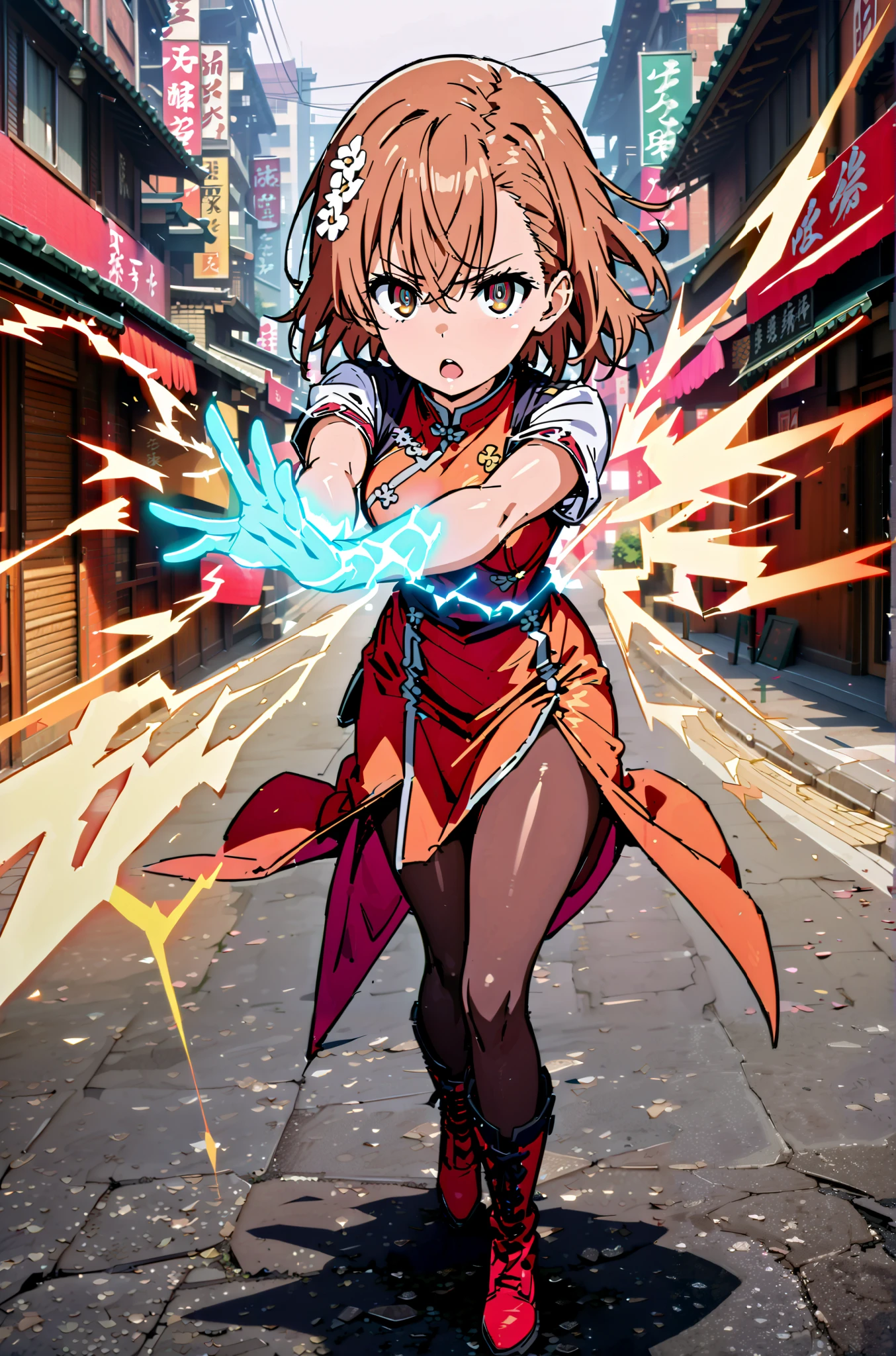 Mikoto and Misaka, Misaka Mikoto , short hair, black cock, hair ornament, hair flower, brown eyes,serious,open your mouth,electricity ,Superpowers(electricity ity),Electric current is emitted from the body ,cosplay, ,That's right., open your mouth, White Chinese clothing,Long slit,black pantyhose,boots,is standing, combat posture,full bodyがillustrationに入るように,break outdoors, Chinatown,
break looking at viewer,full body,
break (masterpiece:1.2), best quality, high resolution, Unity 8k Wallpaper, (illustration:0.8), (beautiful detailed eyes:1.6), very detailed face, so that it fits into the illustration, extremely detailed CG, (perfect hand, perfect anatomy),