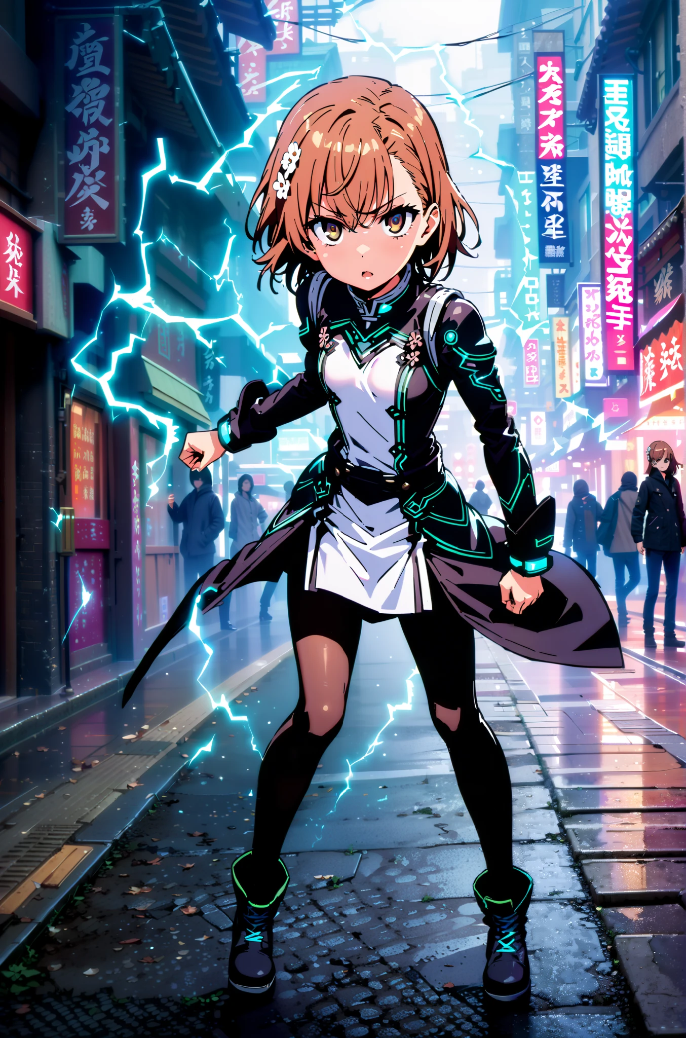Mikoto and Misaka, Misaka Mikoto , short hair, black cock, hair ornament, hair flower, brown eyes,serious,open your mouth,electricity ,Superpowers(electricity ity),Electric current is emitted from the body ,cosplay, ,That's right., open your mouth, White Chinese clothing,Long slit,black pantyhose,boots,is standing, combat posture,full bodyがillustrationに入るように,break outdoors, Chinatown,
break looking at viewer,full body,
break (masterpiece:1.2), best quality, high resolution, Unity 8k Wallpaper, (illustration:0.8), (beautiful detailed eyes:1.6), very detailed face, so that it fits into the illustration, extremely detailed CG, (perfect hand, perfect anatomy),