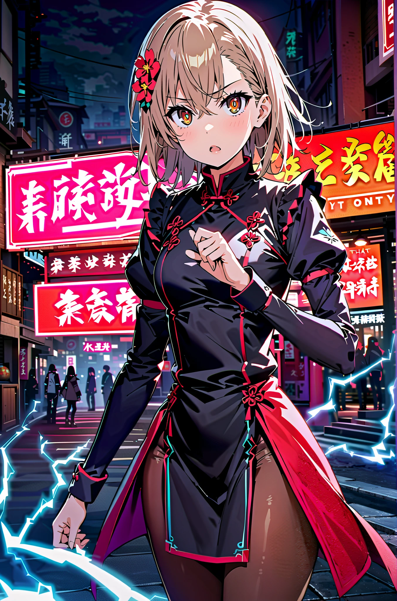 score_9, score_8_up, score_7_up, source_anime,
Mikoto and Misaka, Misaka Mikoto , short hair, black cock, hair ornament, hair flower, brown eyes,serious,open your mouth,electricity ,Superpowers(electricity ity),Electric current is emitted from the body ,cosplay, ,That's right., open your mouth, White Chinese clothing,Long slit,black pantyhose,boots,is standing, combat posture,full bodyがillustrationに入るように,break outdoors, Chinatown,
break looking at viewer,full body,
break (masterpiece:1.2), best quality, high resolution, Unity 8k Wallpaper, (illustration:0.8), (beautiful detailed eyes:1.6), very detailed face, so that it fits into the illustration, extremely detailed CG, (perfect hand, perfect anatomy),