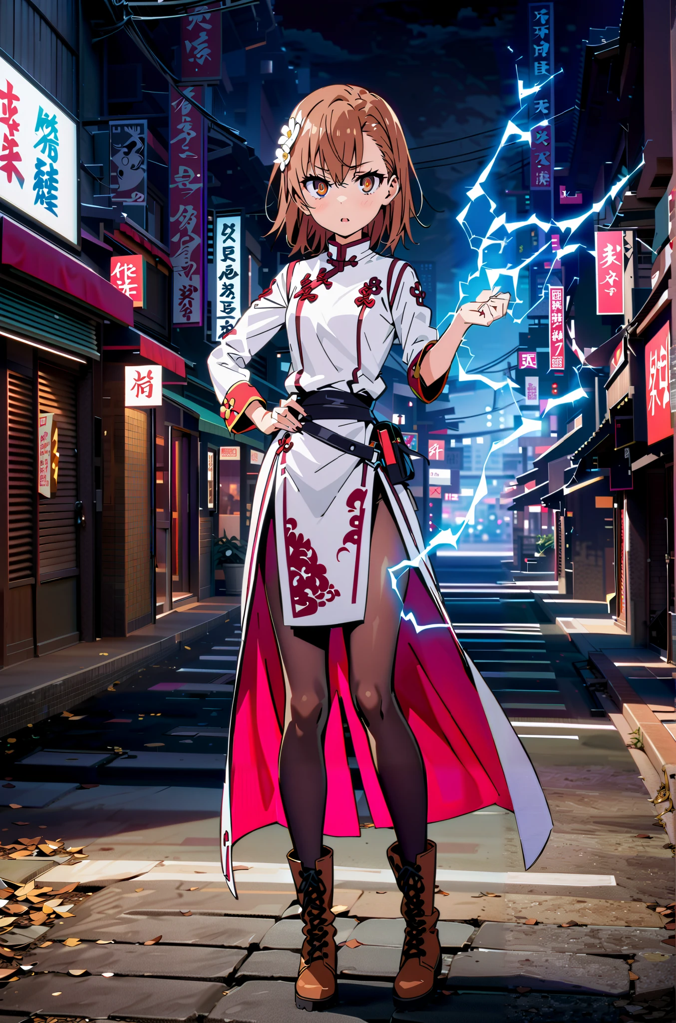 score_9, score_8_up, score_7_up, source_anime,
Mikoto and Misaka, Misaka Mikoto , short hair, black cock, hair ornament, hair flower, brown eyes,serious,open your mouth,electricity ,Superpowers(electricity ity),Electric current is emitted from the body ,cosplay, ,That's right., open your mouth, White Chinese clothing,Long slit,black pantyhose,boots,is standing, combat posture,full bodyがillustrationに入るように,break outdoors, Chinatown,
break looking at viewer,full body,
break (masterpiece:1.2), best quality, high resolution, Unity 8k Wallpaper, (illustration:0.8), (beautiful detailed eyes:1.6), very detailed face, so that it fits into the illustration, extremely detailed CG, (perfect hand, perfect anatomy),