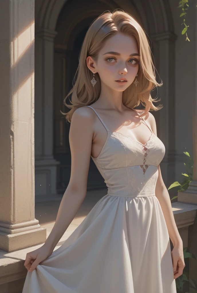 Silver-haired woman in a dress, 1 Female, alone, Sundress, photoRealistic, realism, Realistic, human