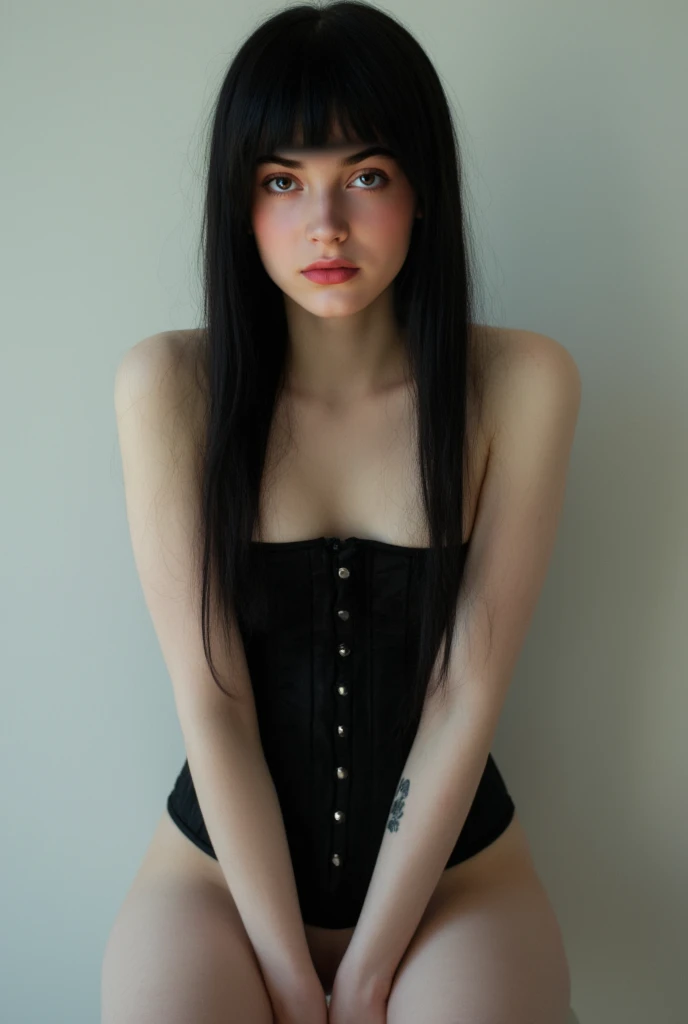 ((best quality)), ((masterpiece)), (detailed),  Intense black hair at the height of the chin, bangs at the height of the eyebrow. Pale and cold skin, empty eyes and intense gaze, dark color. Long and thin eyelashes. A small mole under her right eye. Wears a choker and usually gothic makeup. Tight-fitting clothes, not revealing. Medium complexion and curvy