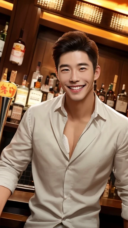 a naked man, vivid color swimwear, wearing flashy accessories、beach、resort、Bar counter on the beach、Cocktail in one hand、Shy、Completely naked、shirtless , realistic handsome Japanese face , modest muscles , masterpiece、A high resolution、Hyperrealism、detailed face、独奏、a men、glowing skin、(ASİAN)、(young、teenager)、Handsome、detailed background