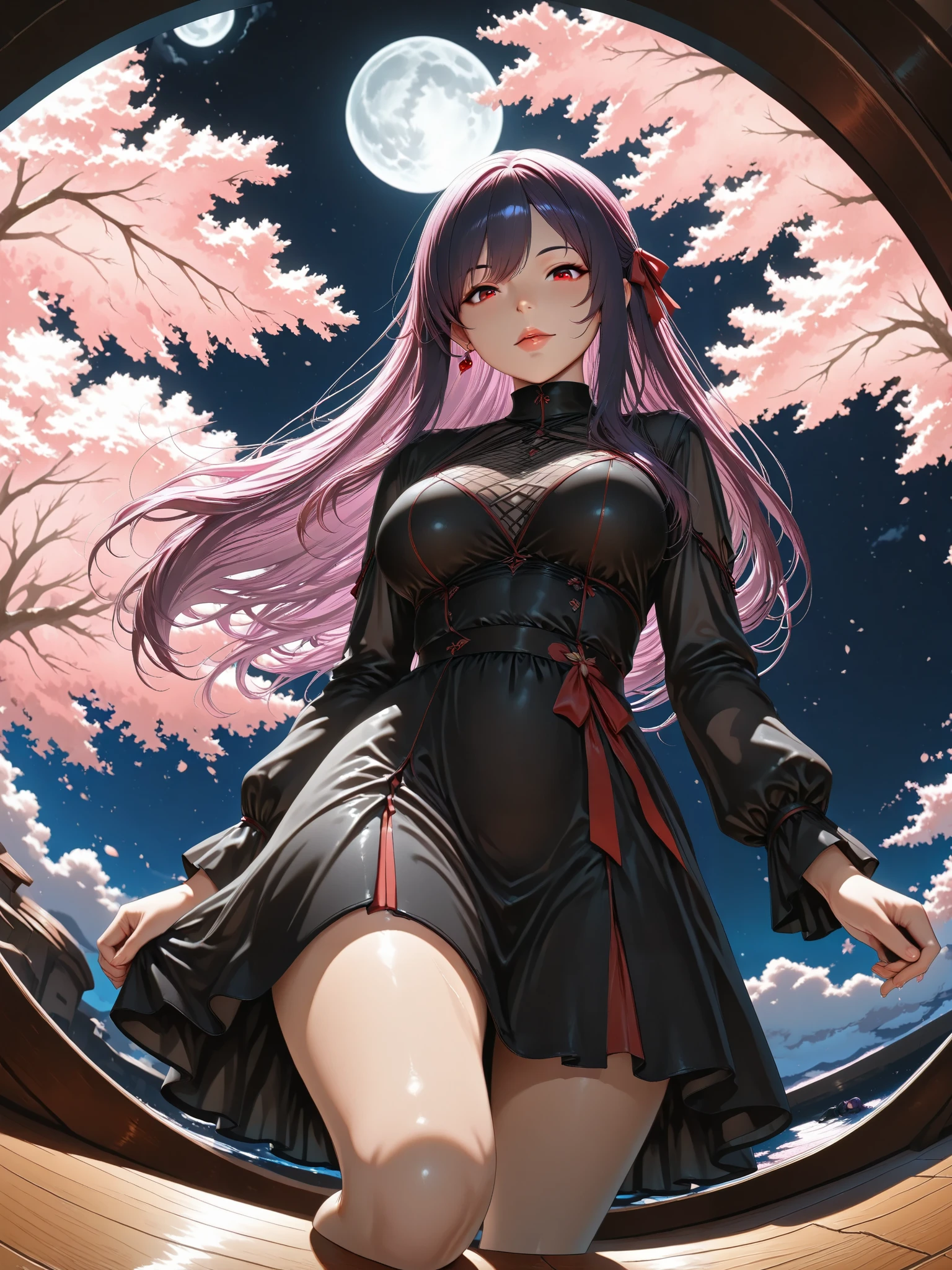 ((Best Quality)),( super high definition),(Super detailed),( detailed description ),((The best CG)),(masterpiece), source_anime,
Sakura _We are, long hair, red eyes, purple hair, hair ribbon, red clear eyes, iris,dark persona, corrup tion,realistic,Cherry blossoms falling、Reflections on the surface of the water
dress, black dress, turtleneck, striped, long sleeves,
outdoors, moon, night, night sky, (she hold a bow and aim at a viewer)
looking at viewer, dutch angle, cowboy shot, (The floor is covered with water and reflects the cherry blossom scenery at night),(Fantastic Scenery:1.5),(the floor is covered with water:1.2), (fisheye angle from below:1.5), 