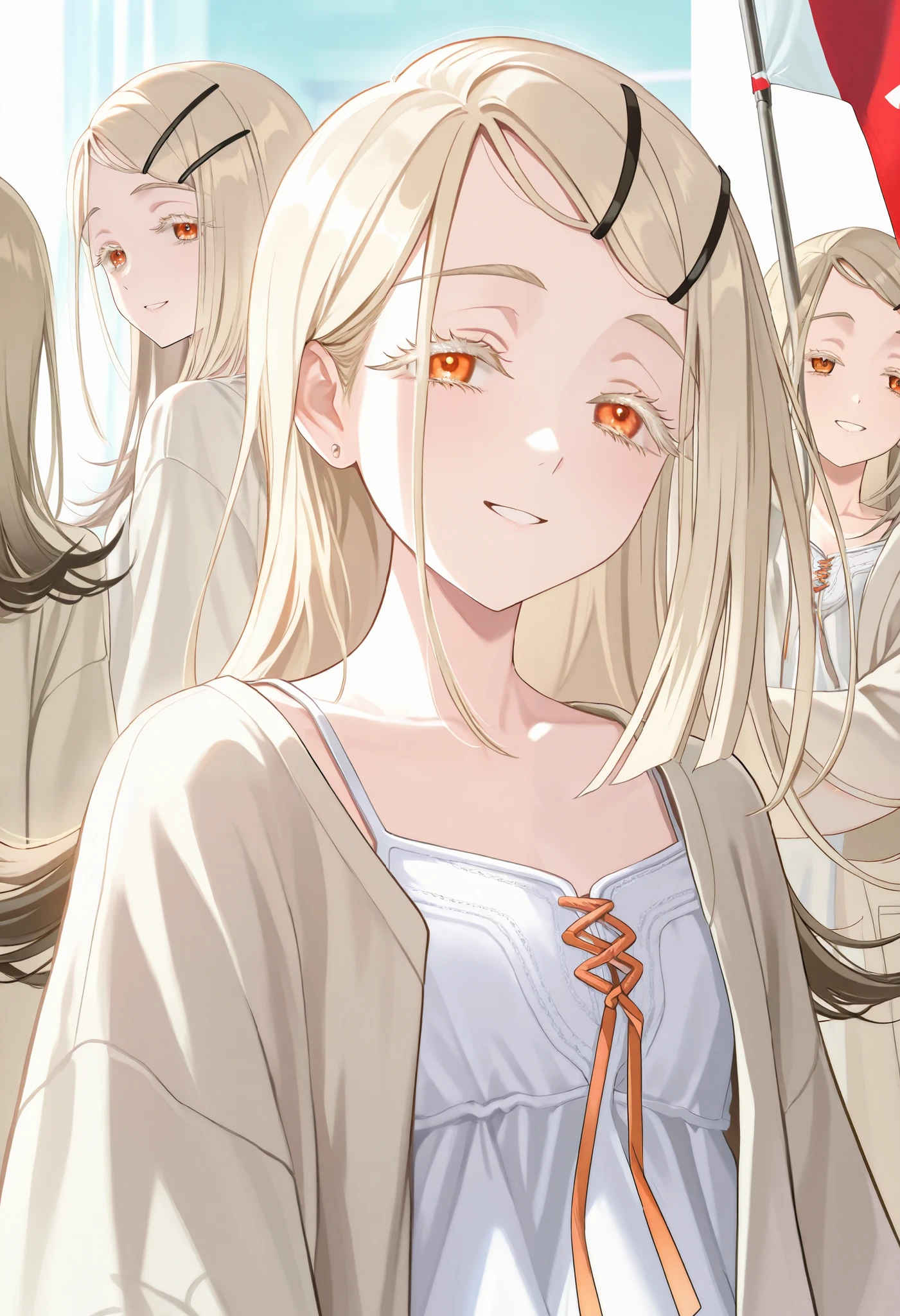 one beautiful girl 、long hair。Shinosawa Hiroslender,orange eyes,,white eyelashes,blonde hair,brown hair,long hair,hairclip,white camisole,,coat,、are smiling at the flag