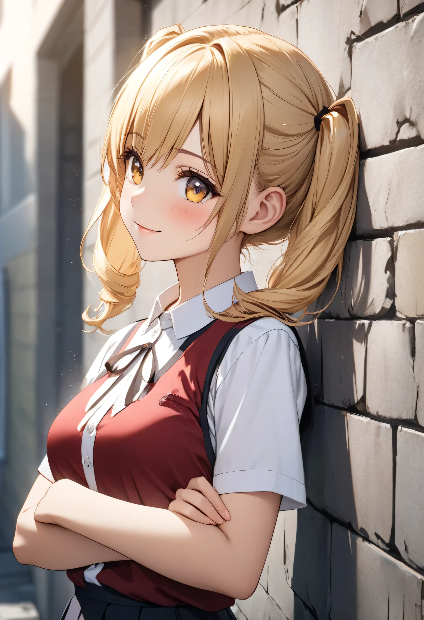 (Masterpiece, best quality, High resolution, UHD, perfect pixels, depth of field, 4k, RTX, hdr))), 1 girl, single,  , alone,  beautiful anime girl , beautiful artistic style, Take from the chest up , anime character style hairstyle, ((little smile, childish gaze, blonde hair with two long pigtails on the sides and red,)), (eyes honey shirt, beautiful lashes,), (detailed face, blush: 1.1), (smooth texture: 0.6, realistic texture: 0.4, photorealistic: 1.1, anime cg style),  beautiful medium breasts, (dynamic angle, foreground, is on the side but looking at the spectator,  light profile or side view ), PERFECT BODY, (Clean fingers, 5 fingers on the hand,  five fingers),  He stands with his arms crossed , (showed: plain red vest with yellow buttons, white short sleeve school blouse, short white plank miniskirt, (behind her the wall of a school, strips in white and flanked by a pair of girls in the same uniform)
