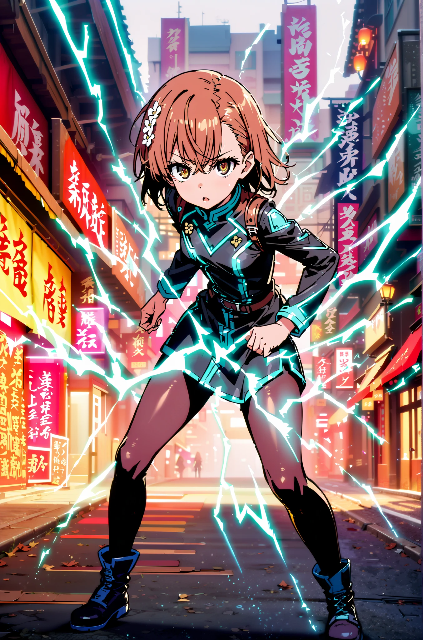 Mikoto and Misaka, Misaka Mikoto , short hair, black cock, hair ornament, hair flower, brown eyes,serious,open your mouth,electricity ,Superpowers(electricity ity),Electric current is emitted from the body ,cosplay, ,That's right., open your mouth, White Chinese clothing,Long slit,black pantyhose,boots,is standing, combat posture,full bodyがillustrationに入るように,break outdoors, Chinatown,
break looking at viewer,full body,
break (masterpiece:1.2), best quality, high resolution, Unity 8k Wallpaper, (illustration:0.8), (beautiful detailed eyes:1.6), very detailed face, so that it fits into the illustration, extremely detailed CG, (perfect hand, perfect anatomy),