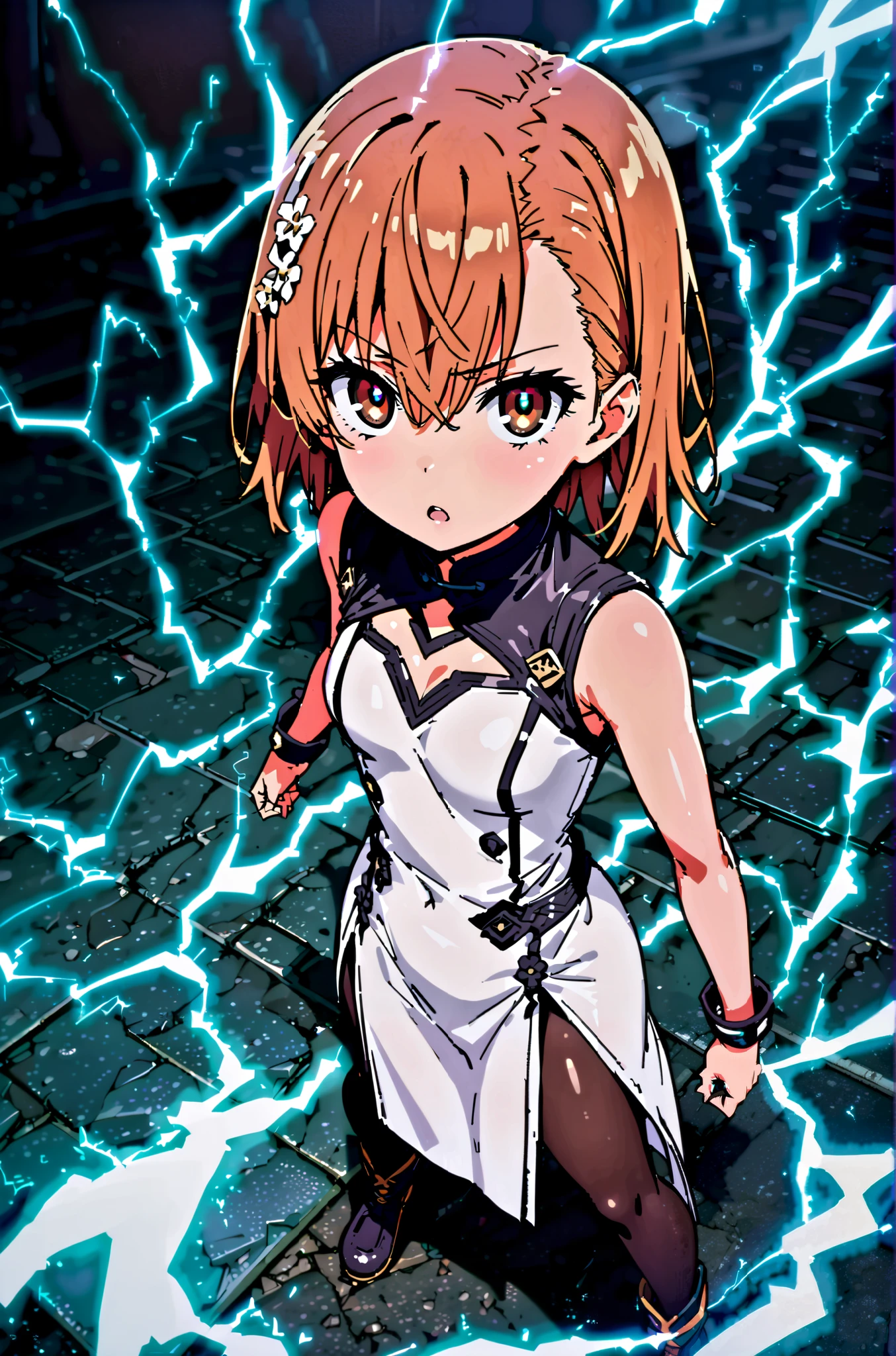 Mikoto and Misaka, Misaka Mikoto , short hair, black cock, hair ornament, hair flower, brown eyes,serious,open your mouth,electricity ,Superpowers(electricity ity),Electric current is emitted from the body ,cosplay, ,That's right., open your mouth, White Chinese clothing,Long slit,black pantyhose,boots,is standing, combat posture,full bodyがillustrationに入るように,break outdoors, Chinatown,
break looking at viewer,full body,
break (masterpiece:1.2), best quality, high resolution, Unity 8k Wallpaper, (illustration:0.8), (beautiful detailed eyes:1.6), very detailed face, so that it fits into the illustration, extremely detailed CG, (perfect hand, perfect anatomy),